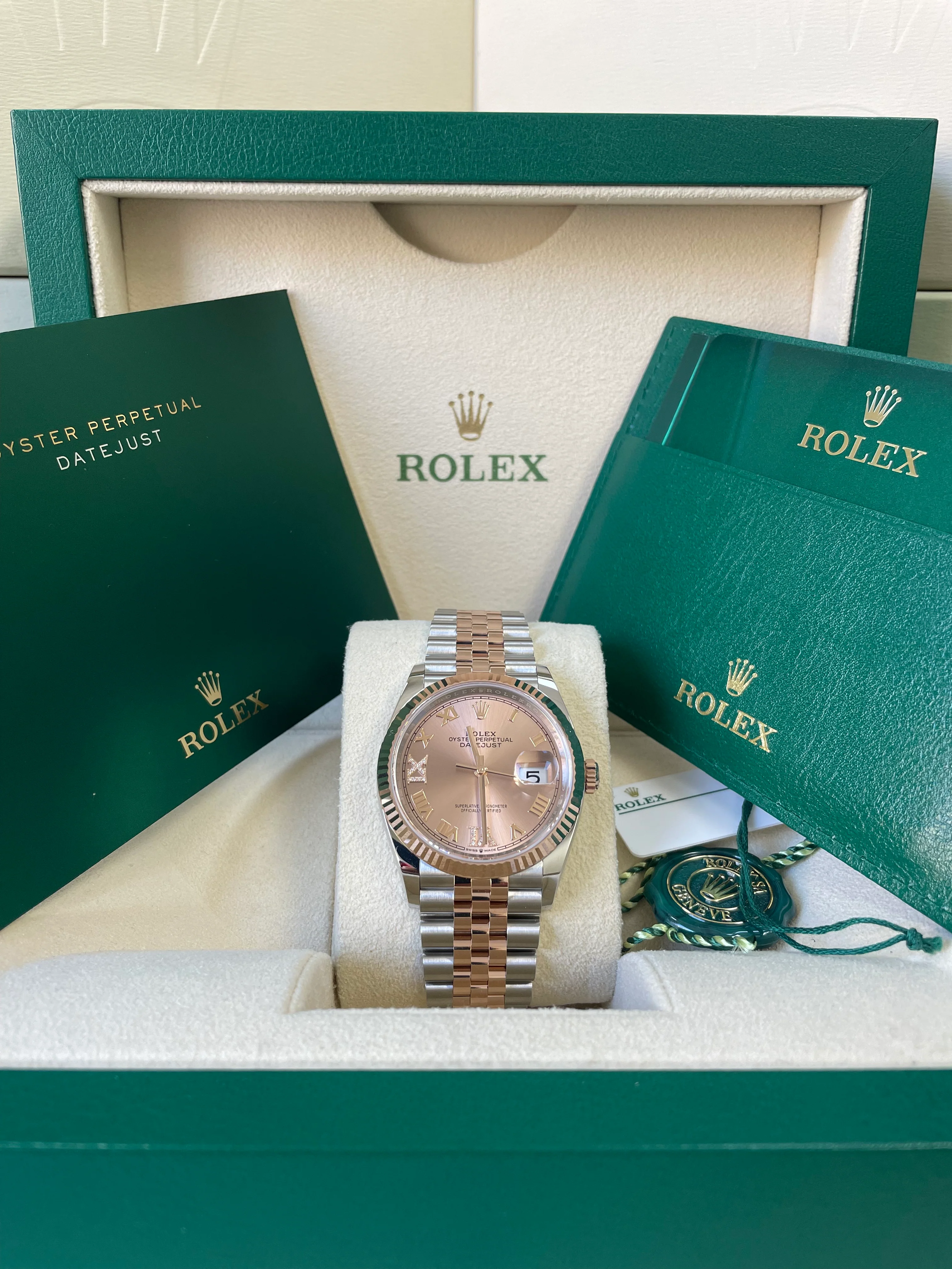 Rolex Steel and Everose Gold Datejust 36 - 2022 - Fluted Bezel - Rose Colour Diamond Set Dial - Jubilee Bracelet - 126231