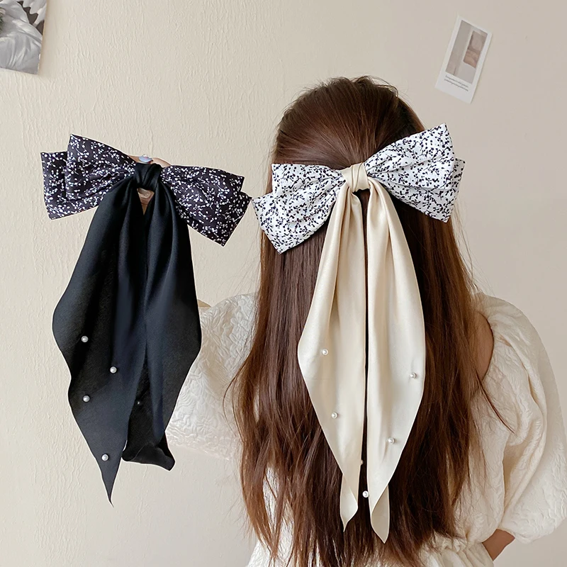 Elegant Bow Ribbon Hair Clip for Women Large Satin Hairpins Barrettes Long Headband Spring Clip Girls Hair Accessories
