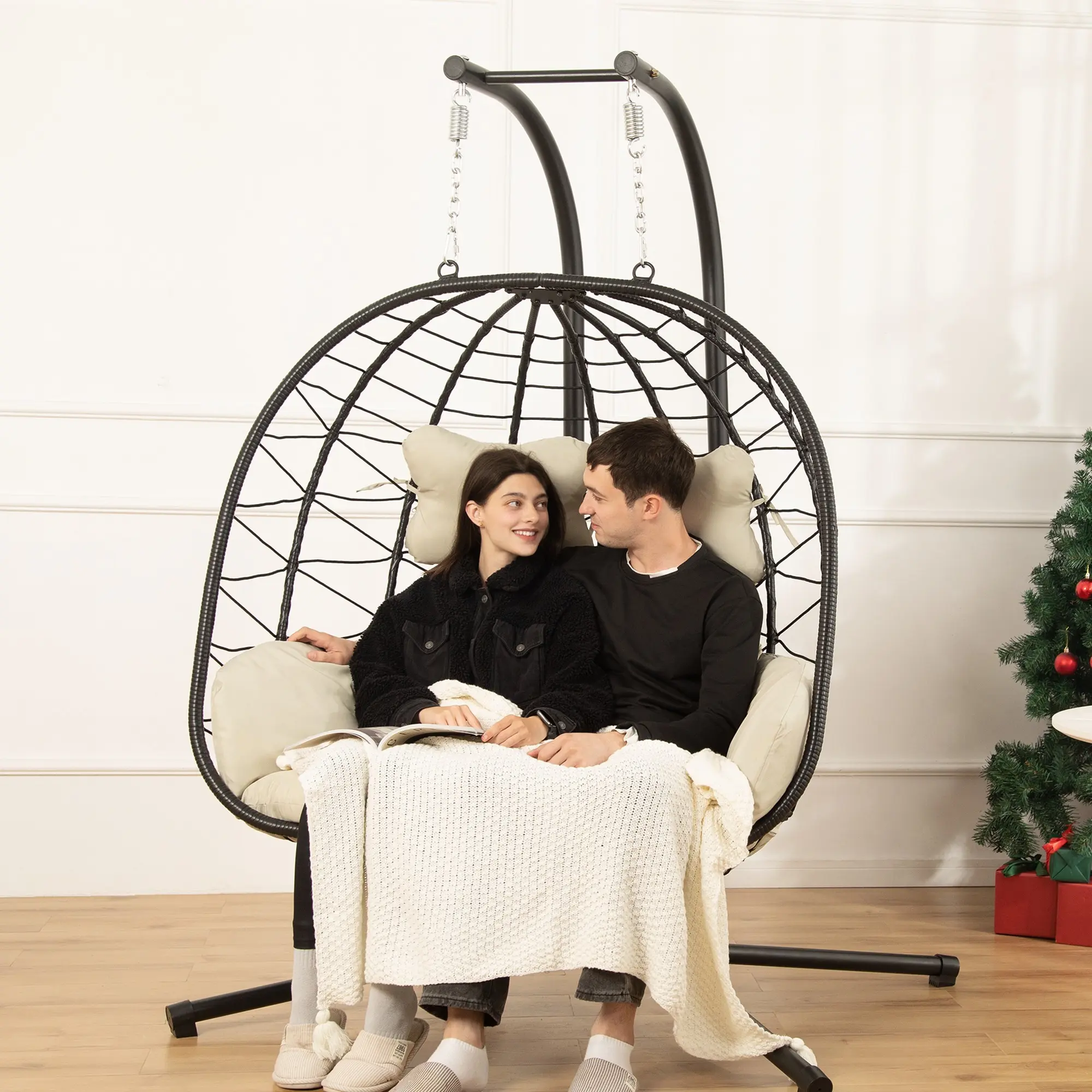 🔥Clearance Sale🔥Double Hanging Egg Chair – Outdoor Patio Swing Chair with Cushions & Stand