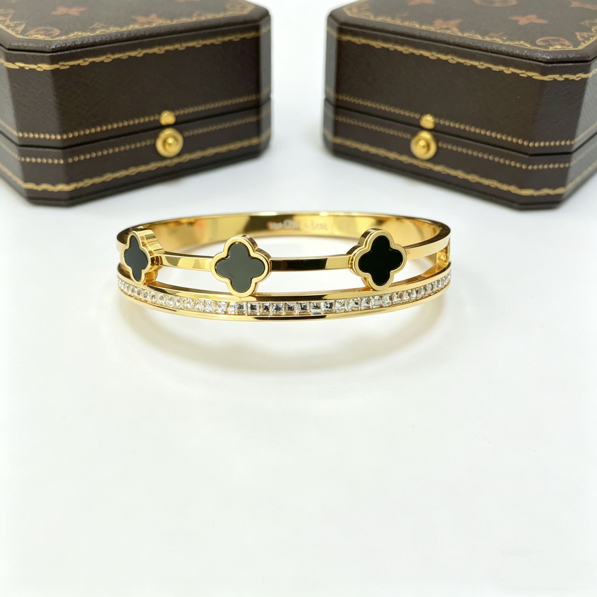 Four-leaf Clover Double-layer Diamond-set Metal Bangle