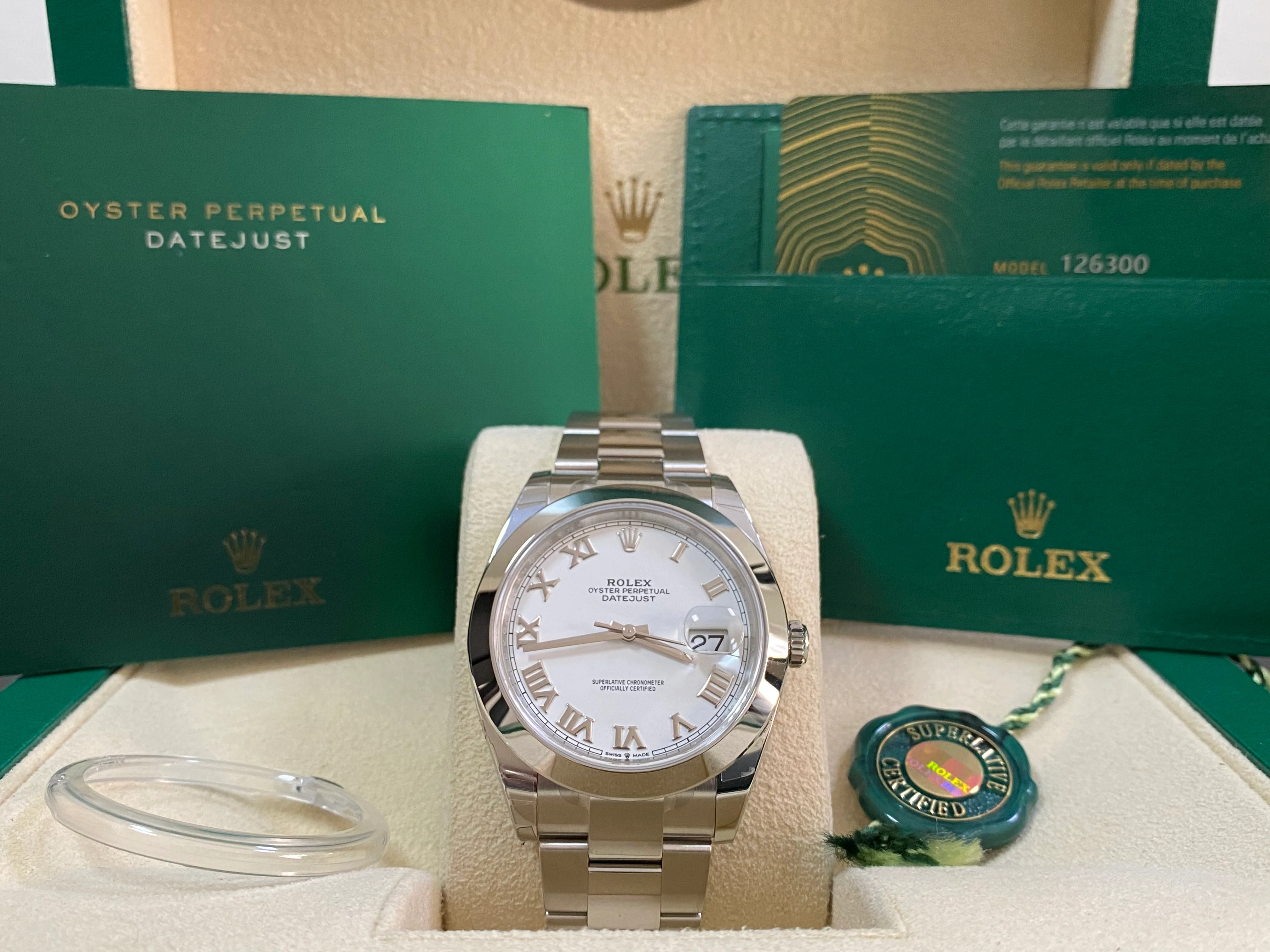 Rolex Steel Datejust 41 - 2023 - Smooth Bezel - White Roman Dial - Oyster Bracelet - 126300 FULL STICKERS
