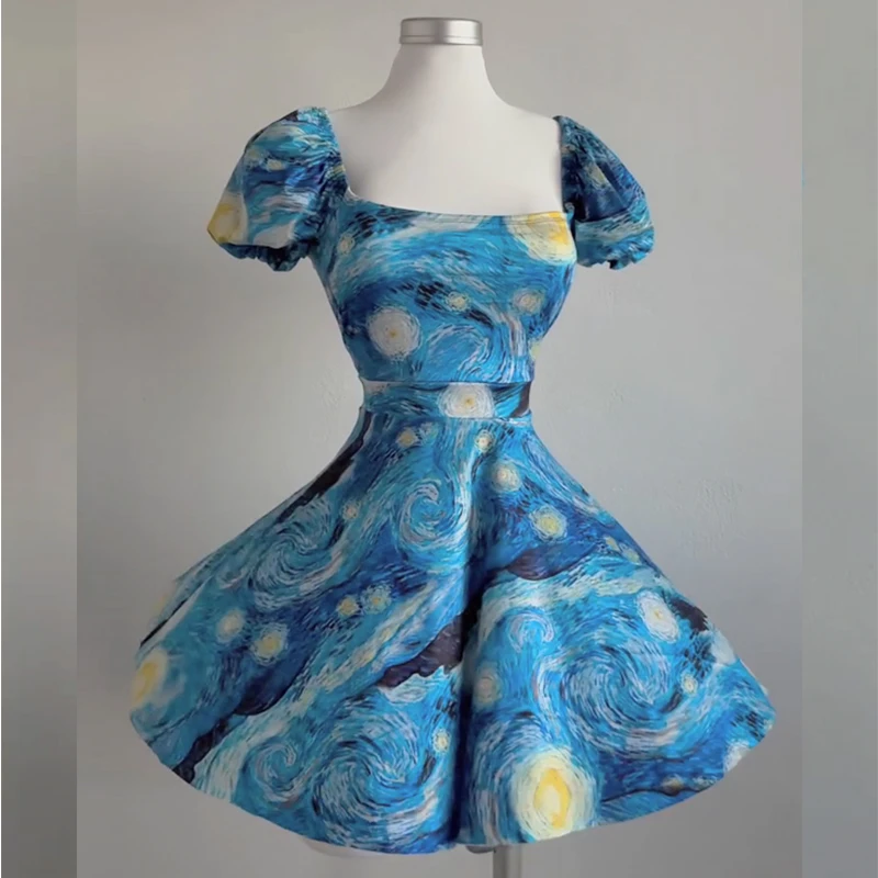 Women Mini Dresses Summer Fashion Female Van Gogh Starry Sky Print Dresses Shirring Pleated Short Puffy Sleeve Casual Dress