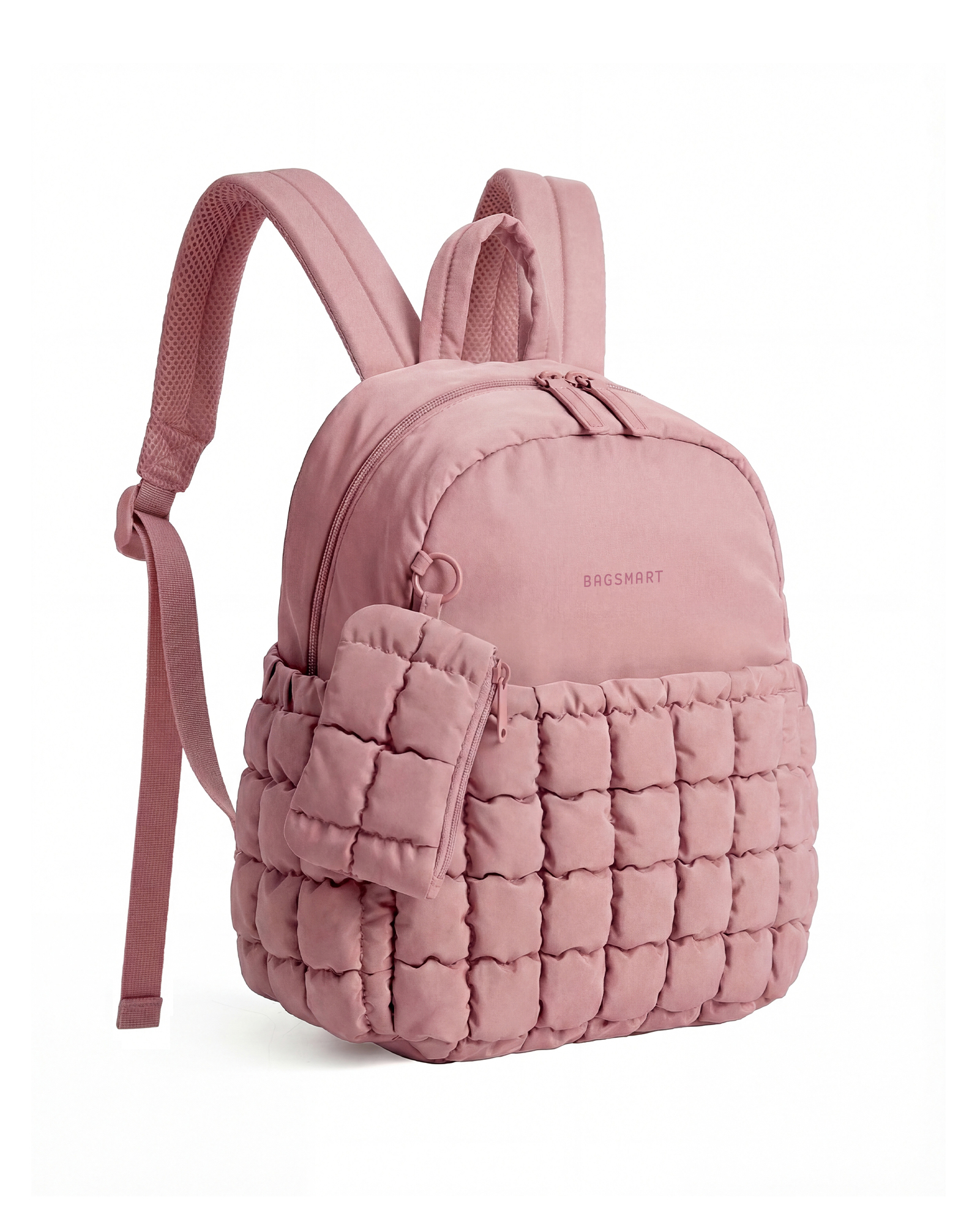 BAGSMART Quilted Mini Backpack with Detachable Small Bag, Lightweight Puffer Small Backpack Purse for Women, Water-Resistant Casual Travel Daypack Bookbag for Travel Daily, Dark Pink