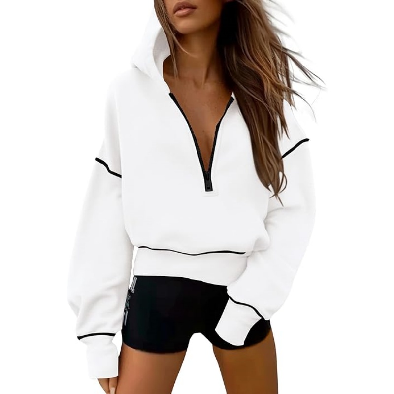 Women's Fall Half Zip Cropped Hoodie Sweatshirt, Fleece Lined Long Sleeve Pullover