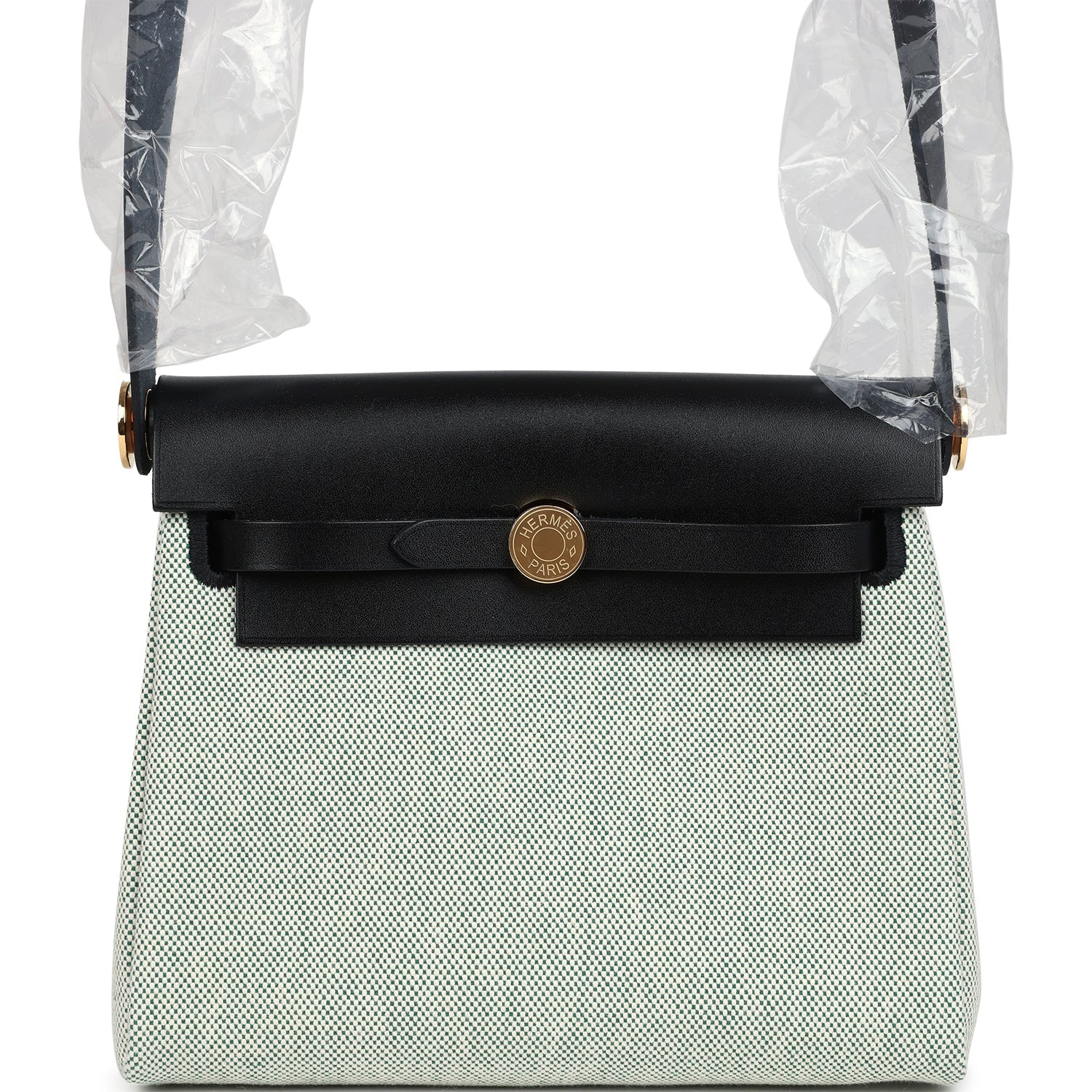 Hermes Herbag Zip 20 Mini Ecru and Vert Moyen Toile H Canvas and Black Vache Hunter Gold Hardware