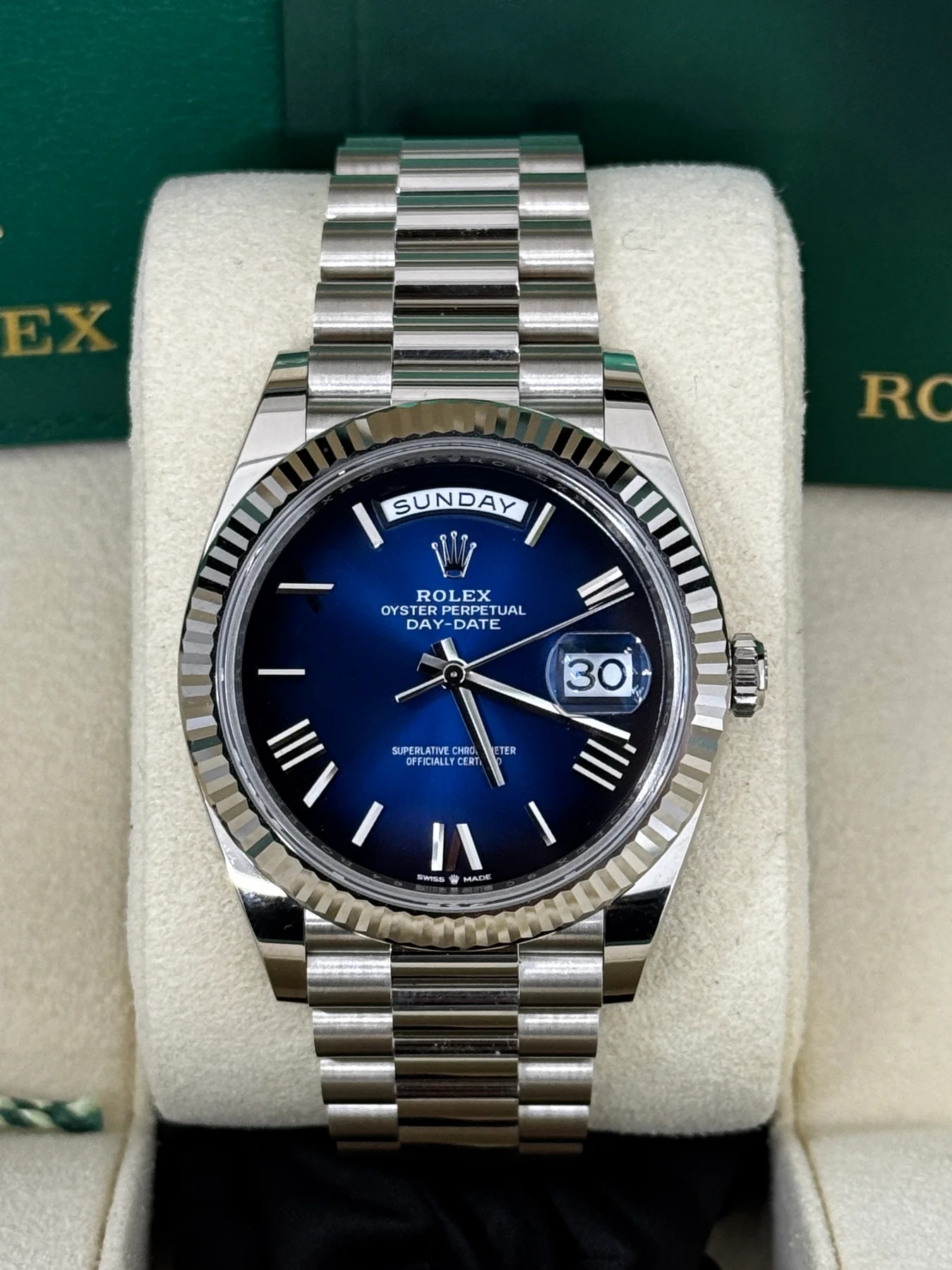 【Super Clone】RLX  Day-Date "President" 40mm Platinum Blue Roman Ombre Dial - 228236