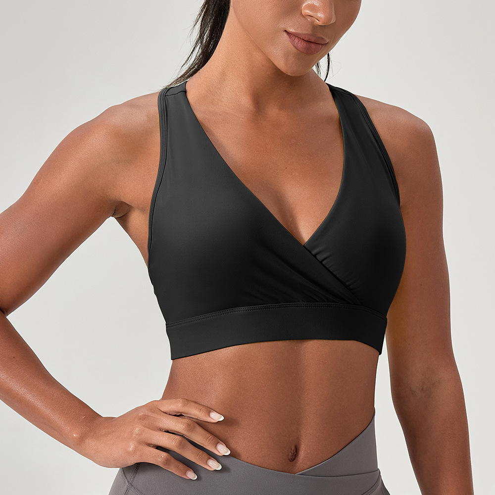European and American women's yoga sports bra, nude deep V sexy fitness bra, nylon high elastic racerback
