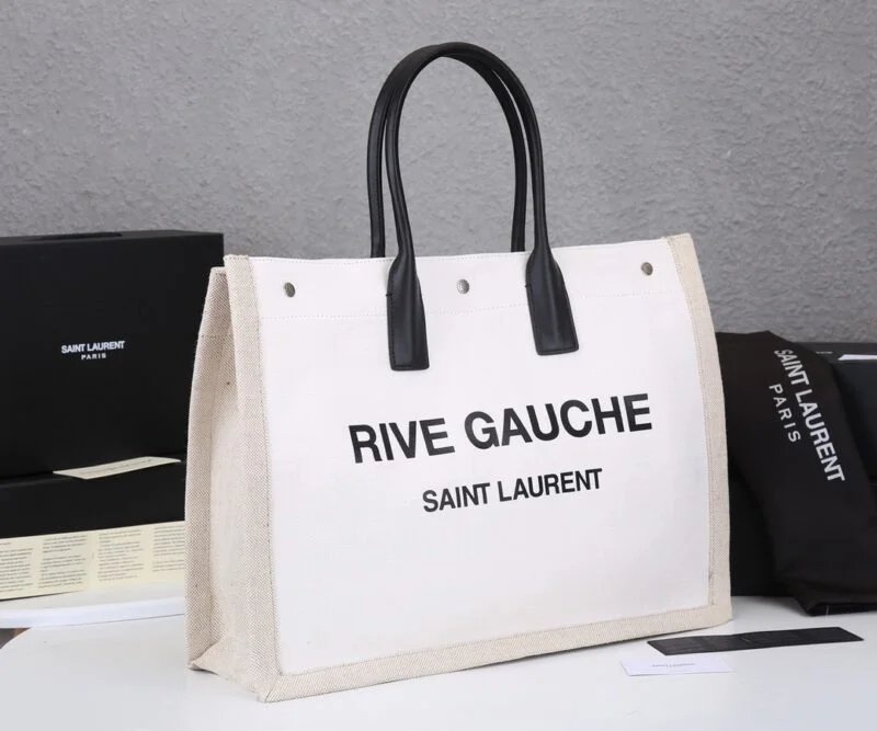 Ysl Rive Gauche Tote Bag In Linen And Leather