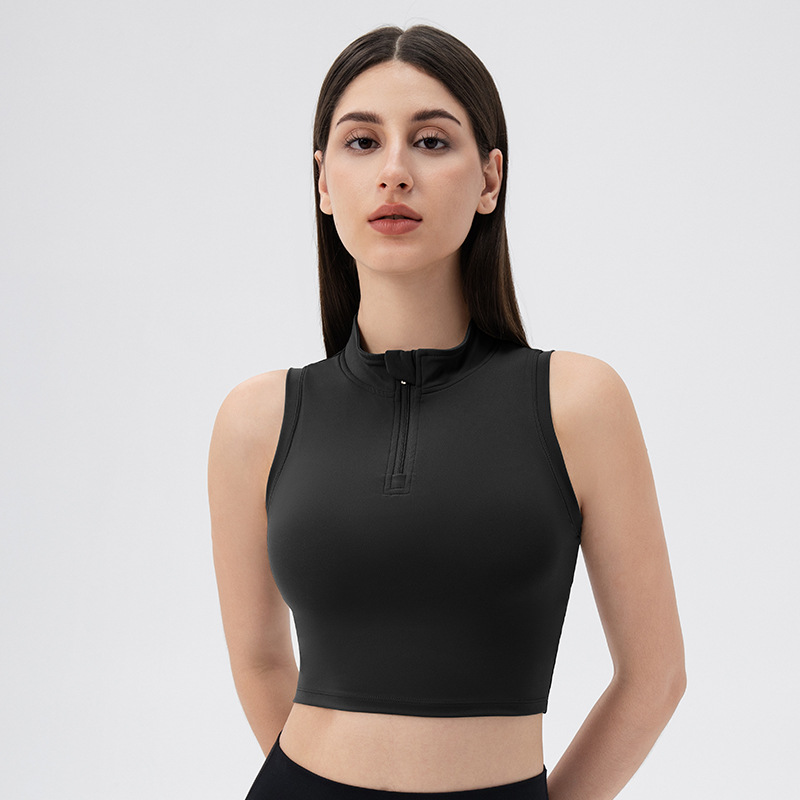 Sleeveless stand-up collar slimming yoga vest with front zipper, tight-fitting sports top with breast pads, running and fitness vest for women.