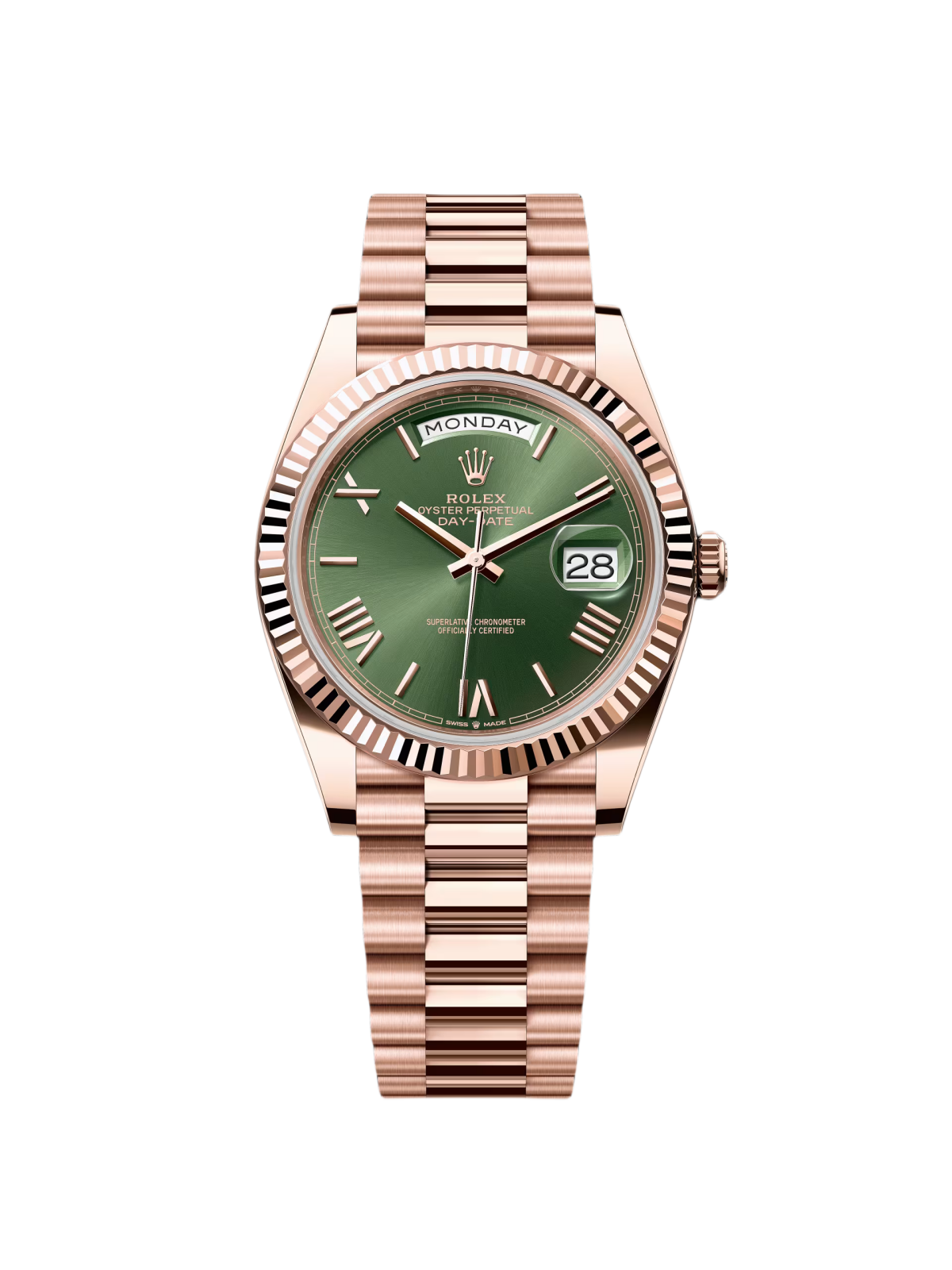 【Super Clone】RLX  Day-Date "President" 40mm Everose Gold Olive Green Roman Dial - 228235