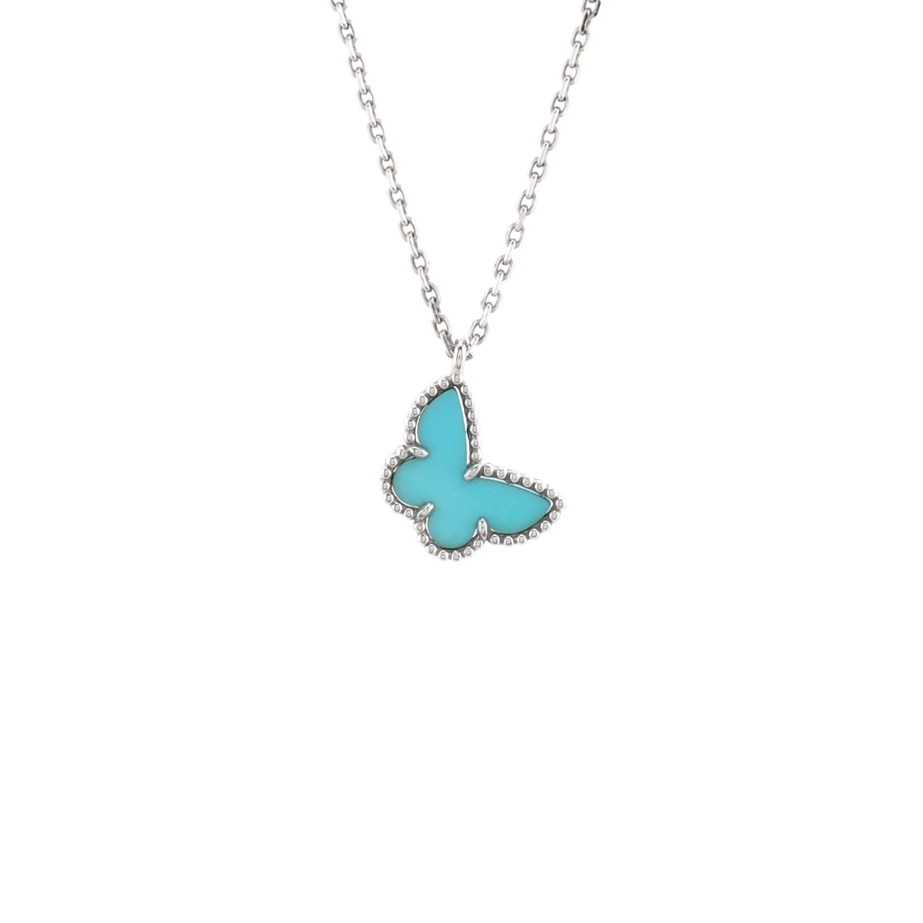 Sweet Alhambra Butterfly Pendant Necklace 18K White Gold with Turquoise