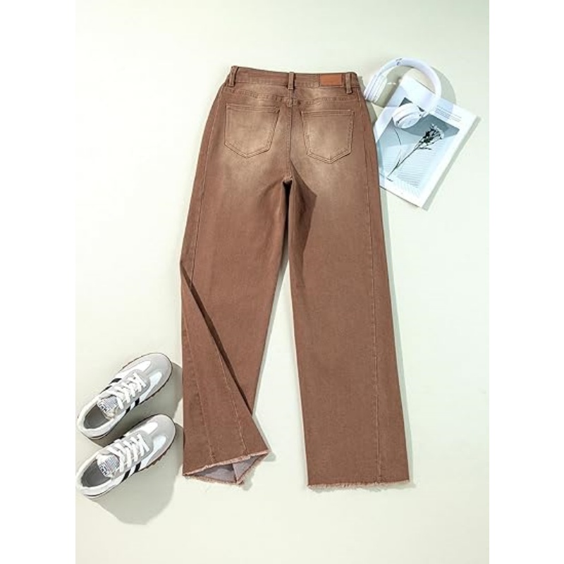 Women's High Waisted Stretchy Wide Leg Jeans, Raw Hem Denim Pants