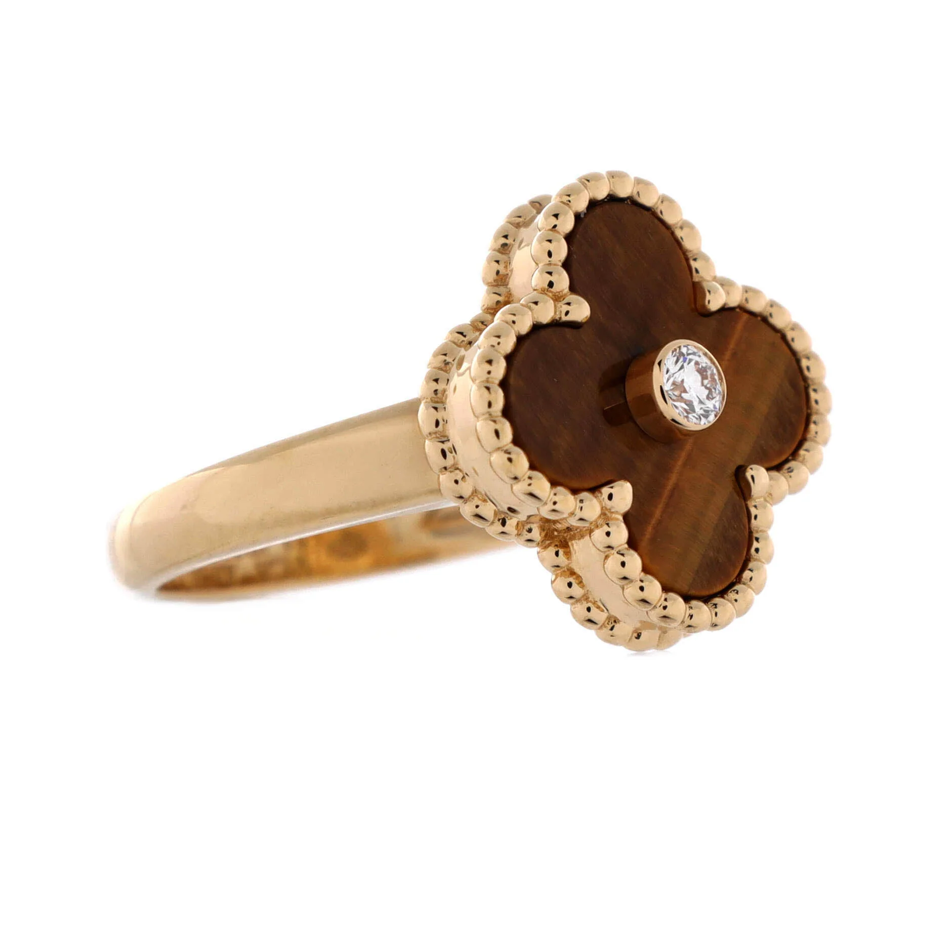 Vintage Alhambra Ring 18K Yellow Gold and Tiger Eye with Diamond