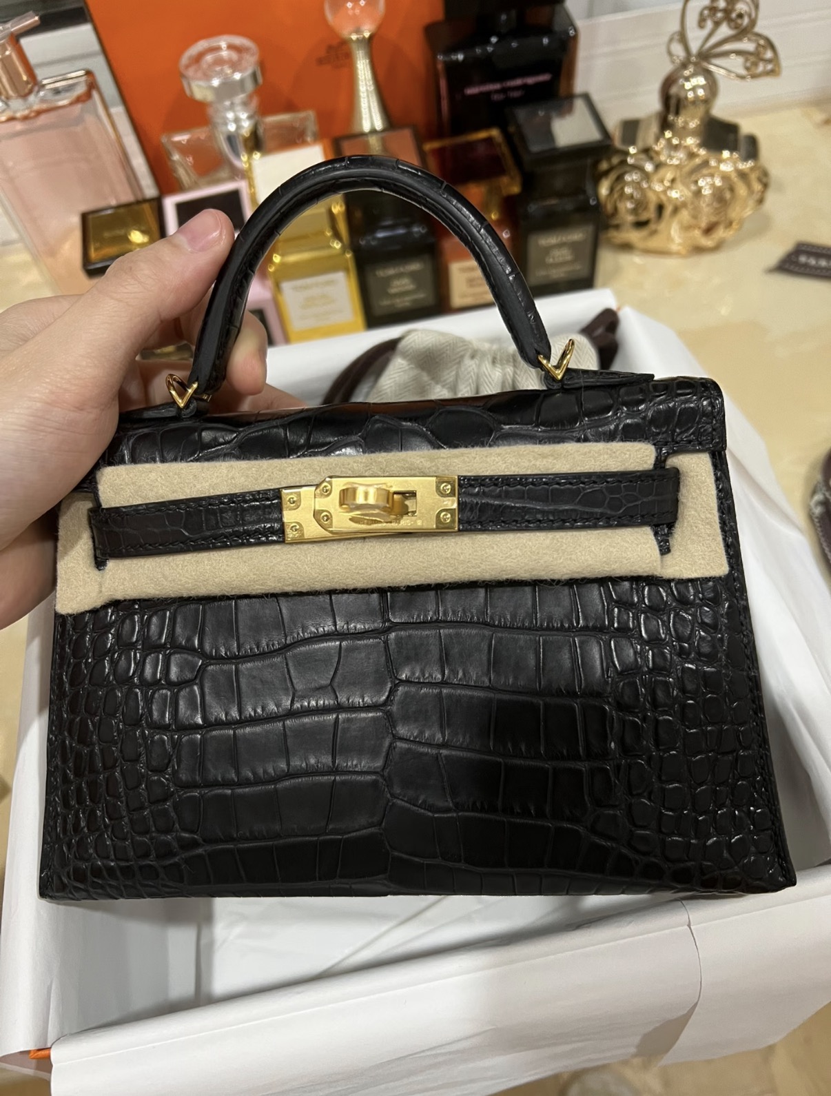 Kelly mini 2 Gold hardware black matte American crocodile leather custom - Artisantouchss