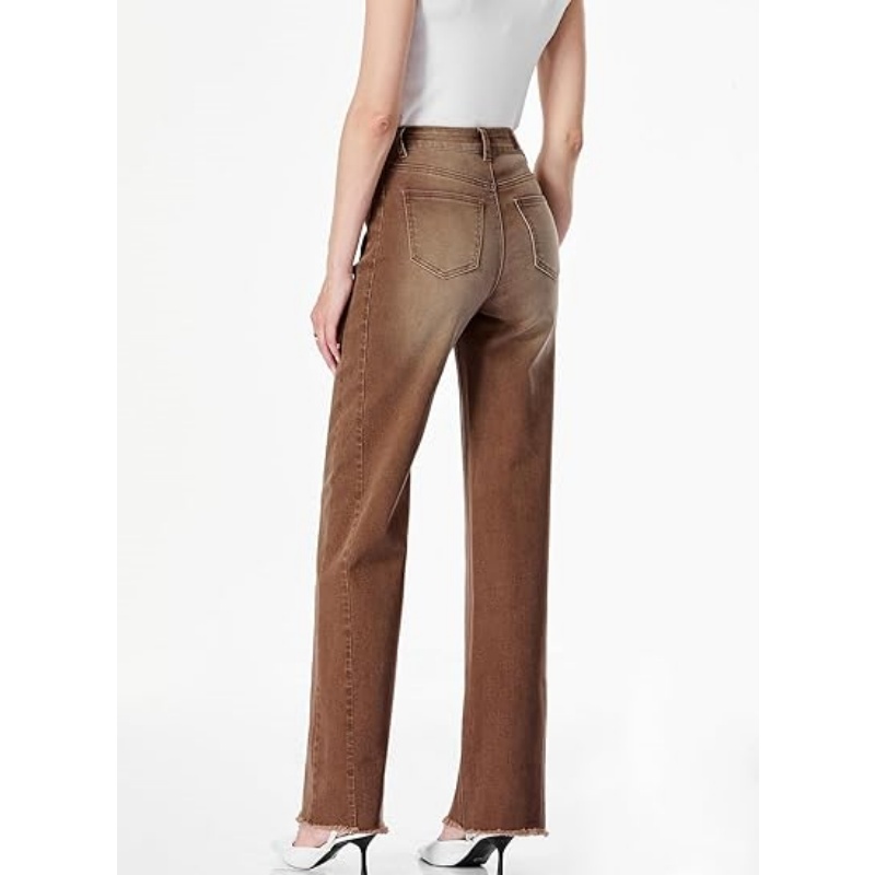 Women's High Waisted Stretchy Wide Leg Jeans, Raw Hem Denim Pants