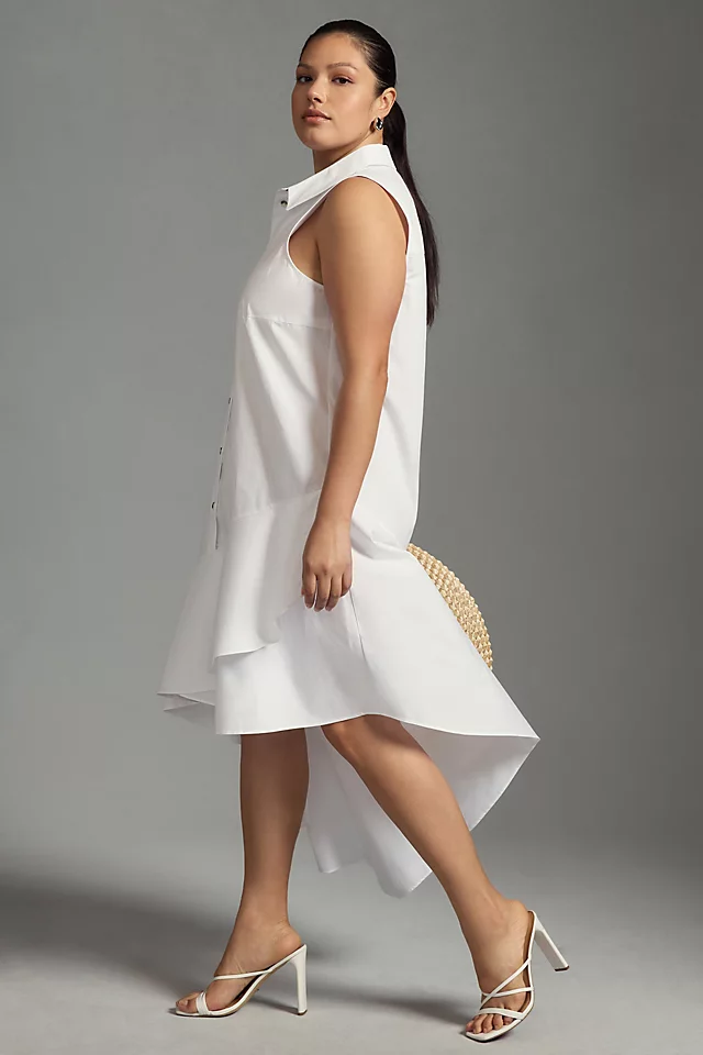 Sleeveless Buttondown Ruffle-Hem Dress WHITE