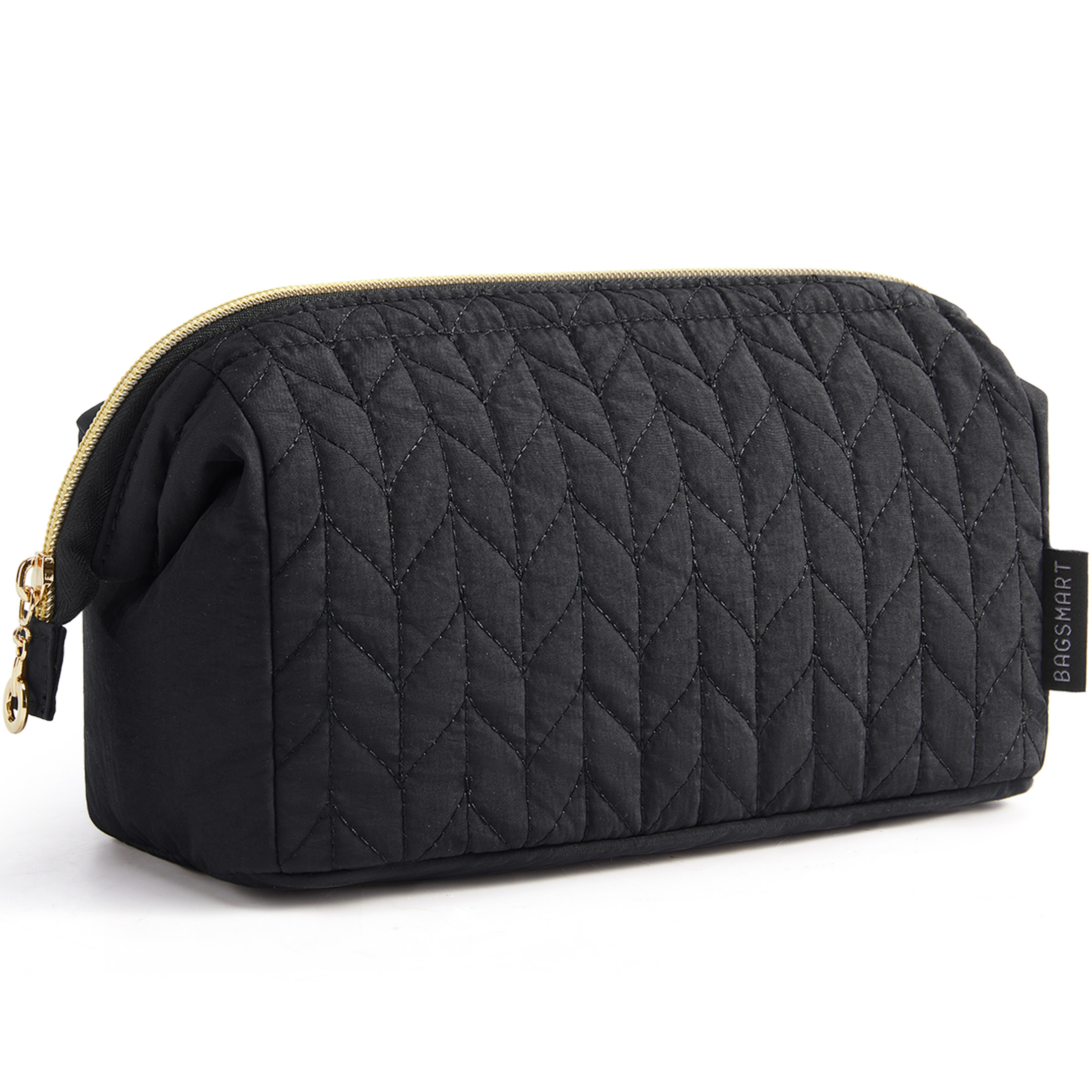 BAGSMART Wide-open Makeup Bag Cosmetic Pouch Organizer Travel Toiletry Bag Essentials Accessories for Women Girls, Leaf Quilted - Black