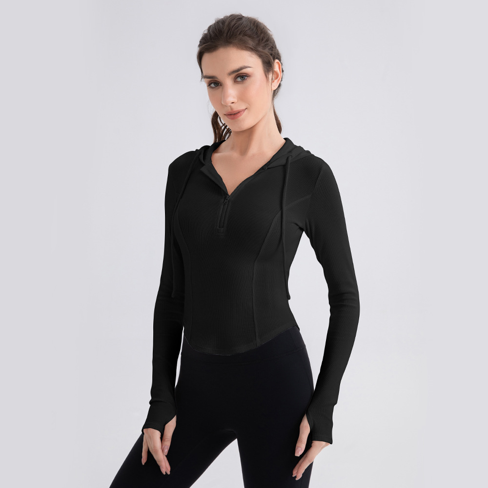 Women's fitted hooded yoga top, long-sleeved, slim-fitting, fitness top, running casual sports sweatshirt