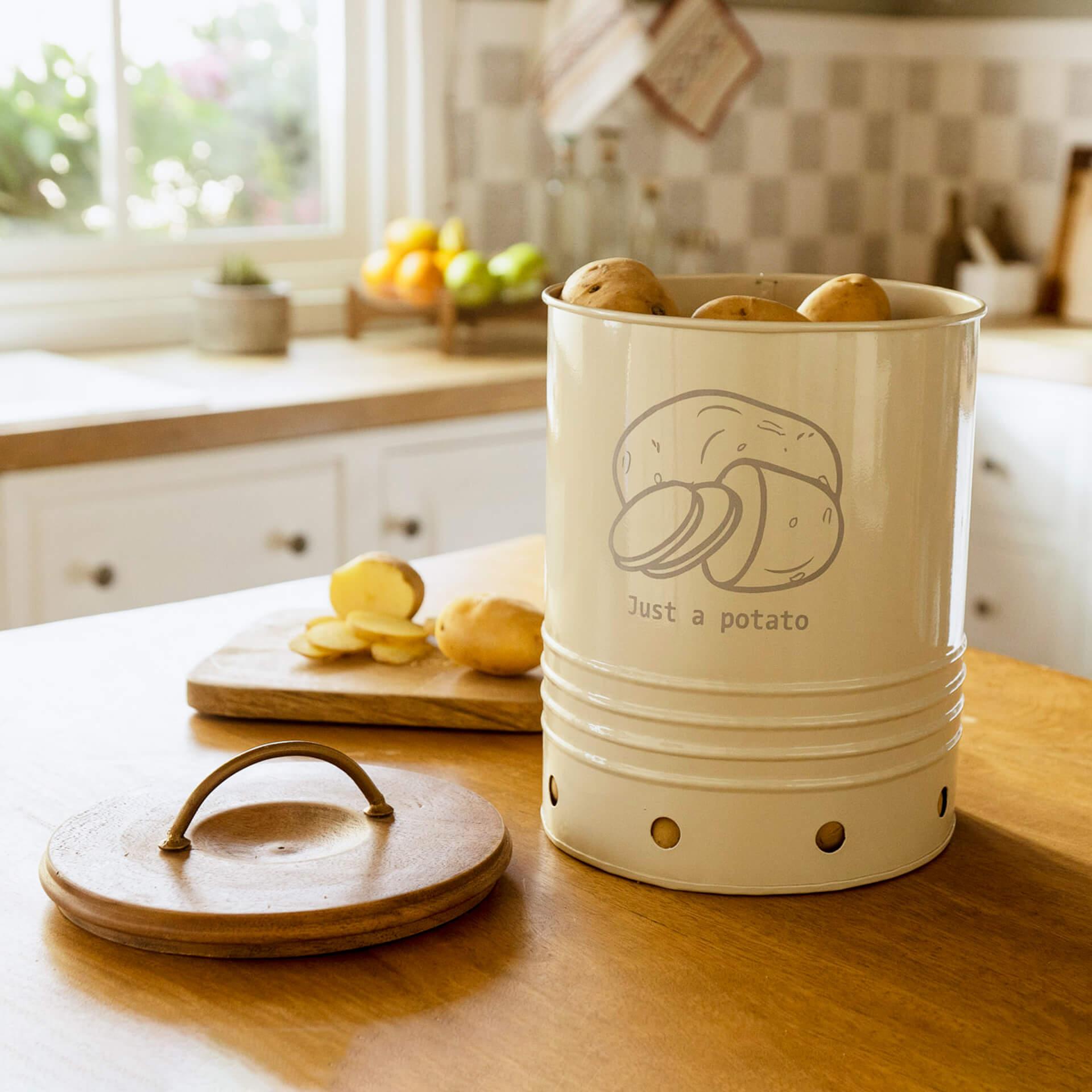 Egg Shell Metal Potato Storage Bin With Wooden Lid