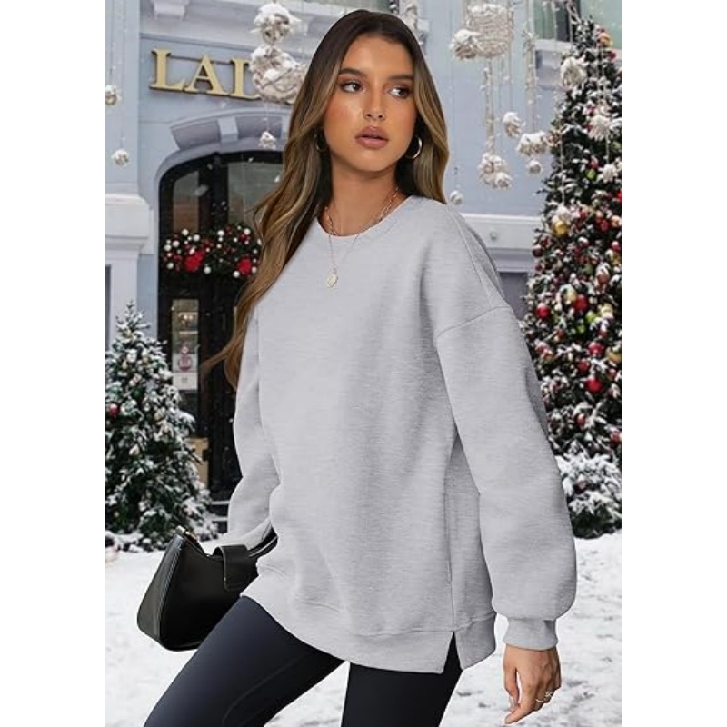 Women's Oversized Crewneck Sweatshirt, Fleece Long Sleeve Pullover with Side Pockets