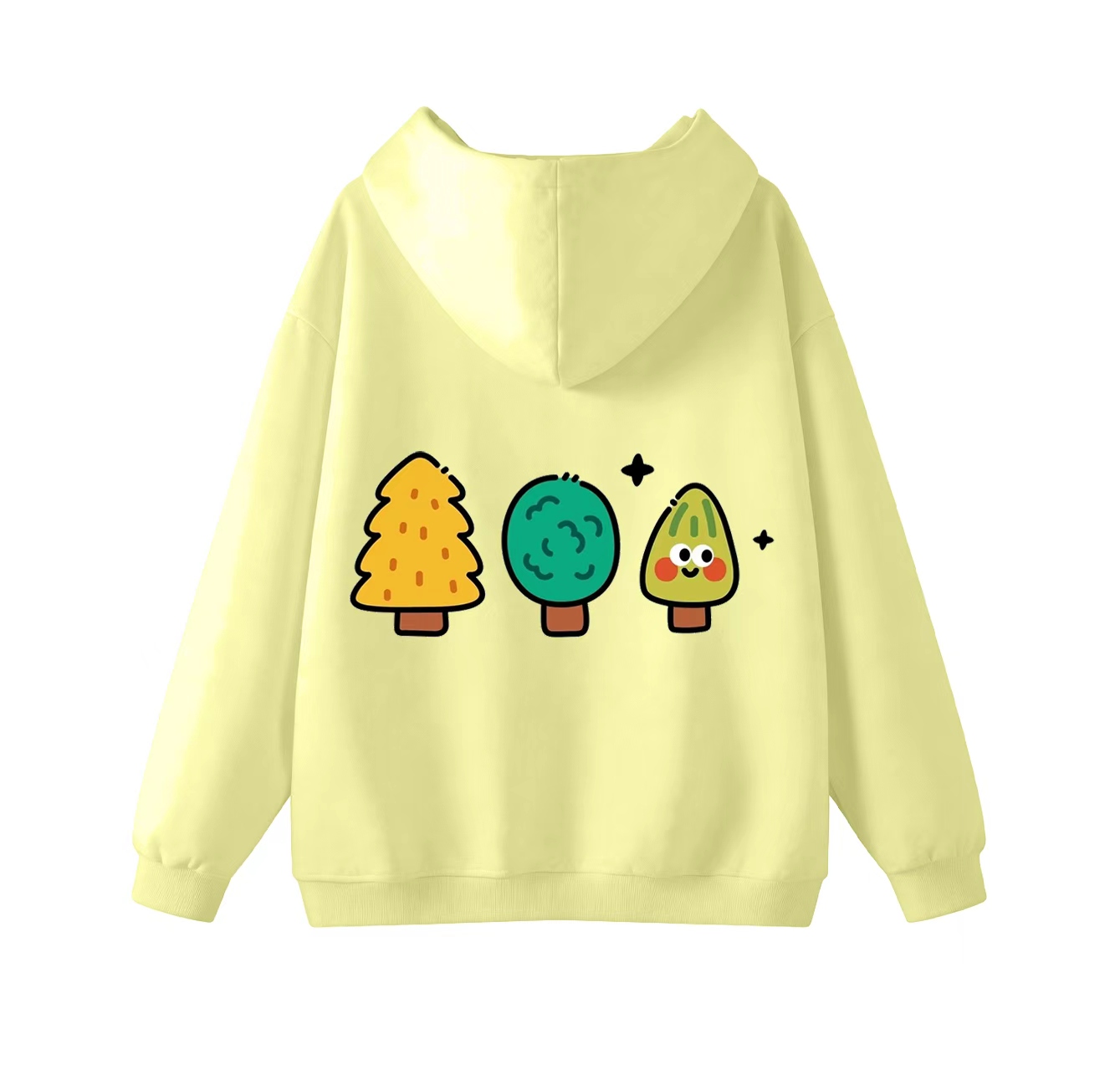 This adorable hooded sweatshirt features a three-tree print and is a casual pullover. Its stand-up collar also makes it an ideal choice for winter wear.