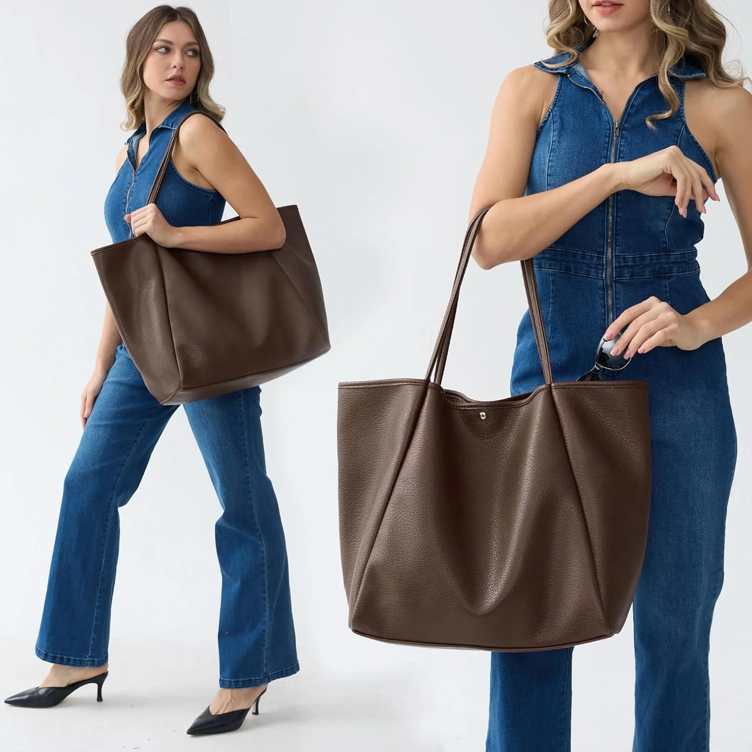 Oversized Vegan Leather Tote Women's Travel Bag - Coffee