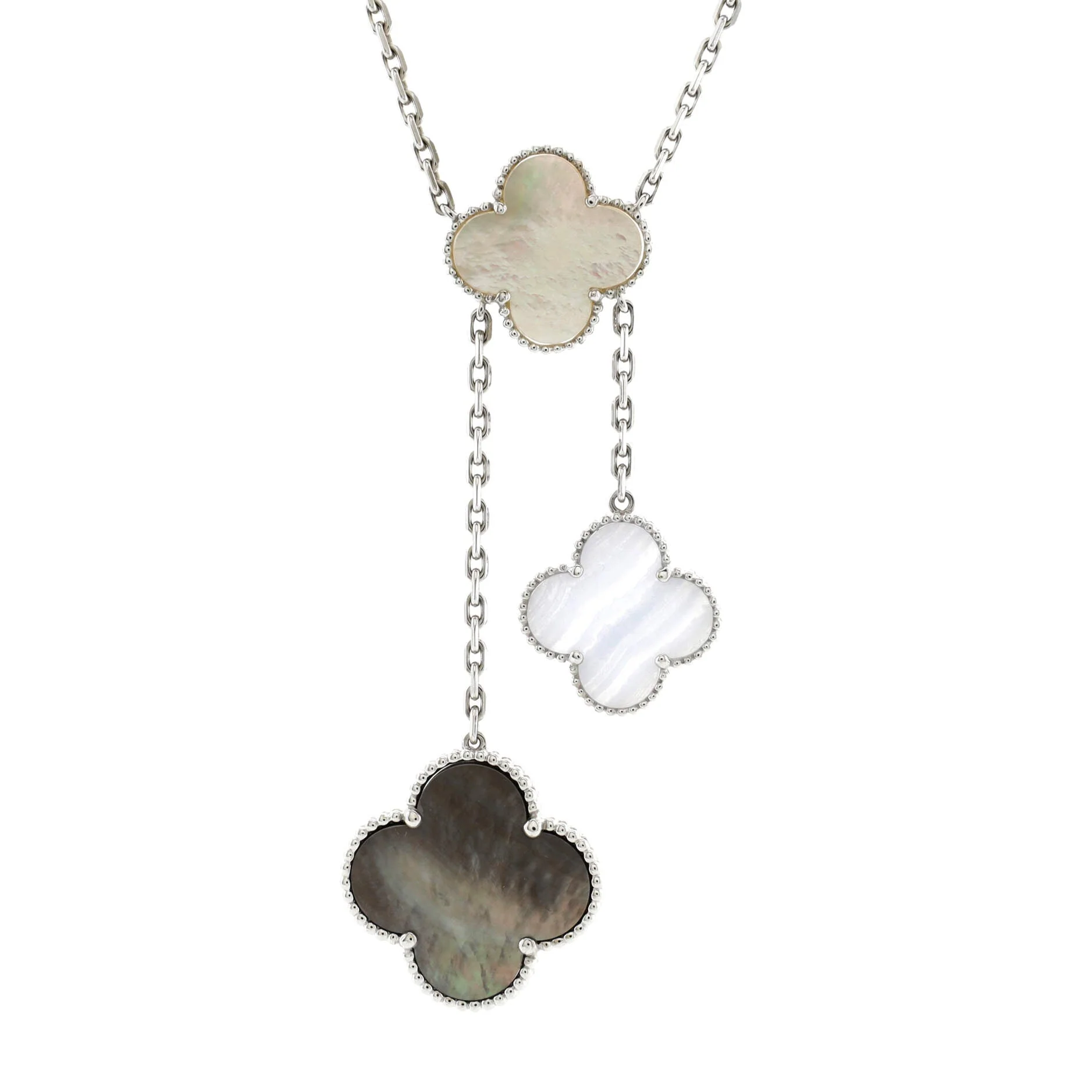 Magic Alhambra 6 Motifs Necklace 18K White Gold with Mother of Pearl and Chalcedony