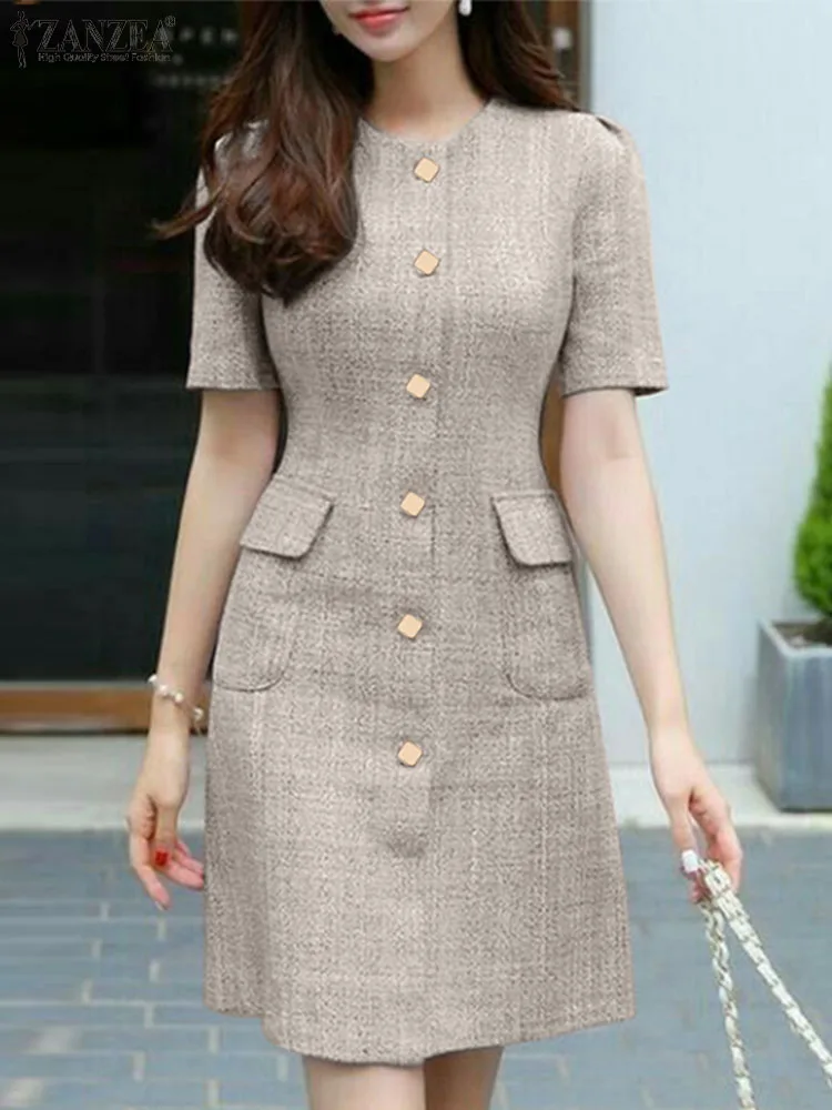 Woman Vintage OL Dress Female Fashion Solid Vestidos Short Sleeve O-Neck Dresses Summer Casual Street Sundress Oversize
