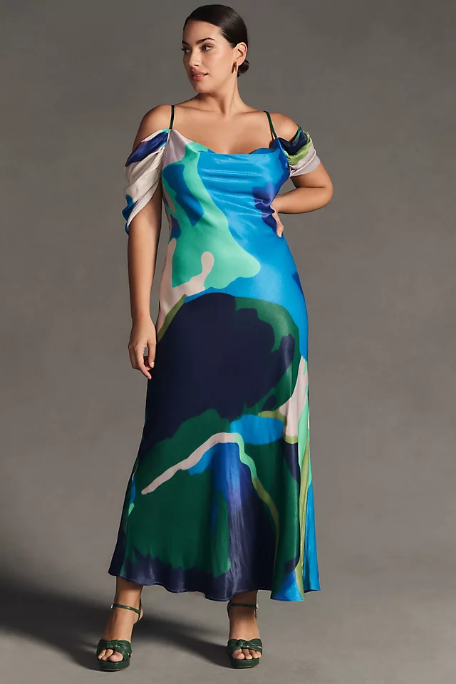 Painterly Off-Shoulder Slip Dress BLUE