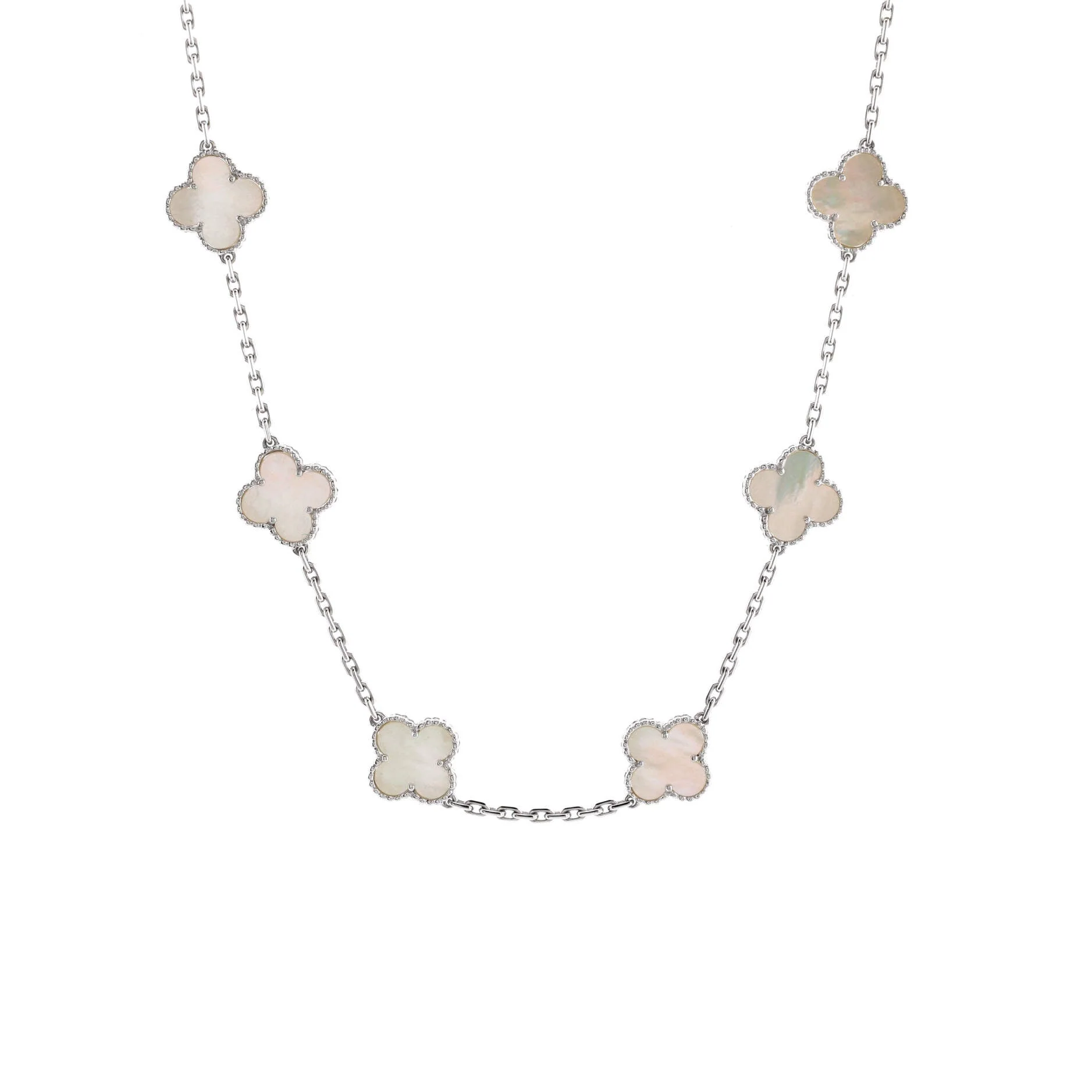 Vintage Alhambra 10 Motifs Necklace 18K White Gold and Mother of Pearl