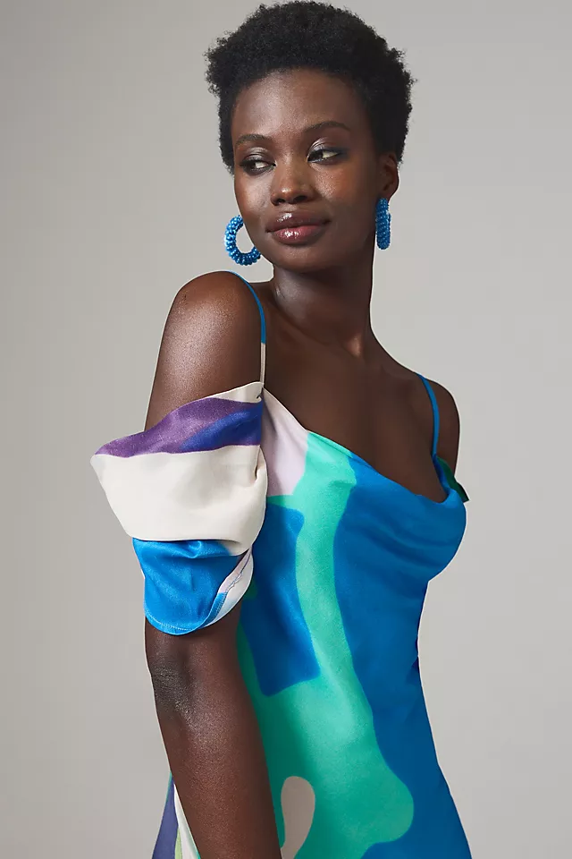 Painterly Off-Shoulder Slip Dress BLUE