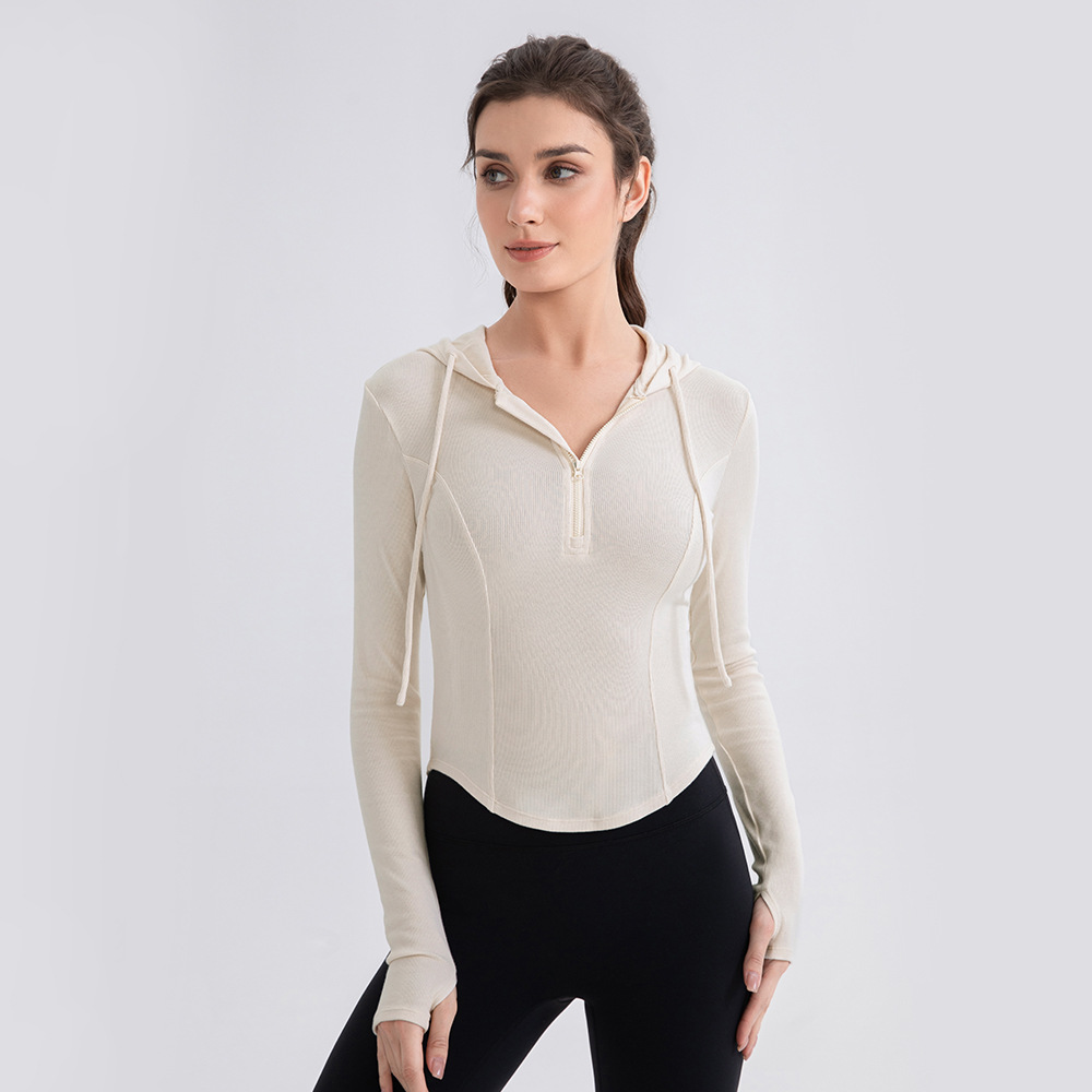 Women's fitted hooded yoga top, long-sleeved, slim-fitting, fitness top, running casual sports sweatshirt