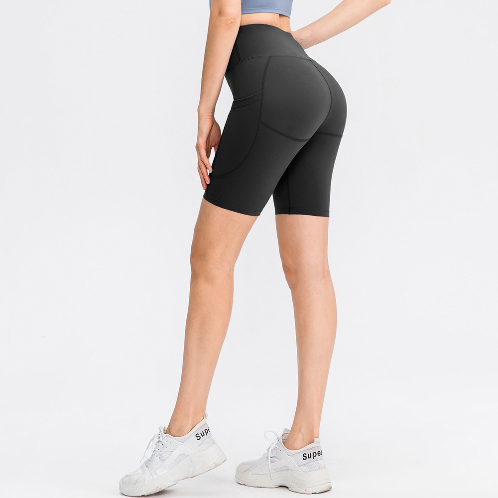 Double-sided brushed feel yoga shorts, women's high-waisted, hip-lifting, tight-fitting sports shorts with pockets