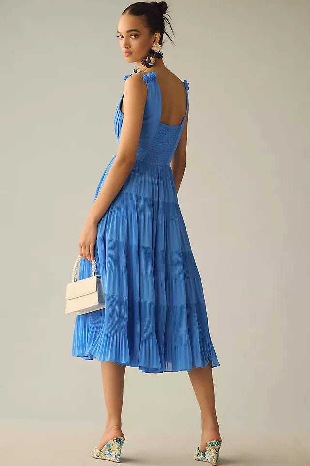 V-Neck Tiered Pleated Dress BLUE