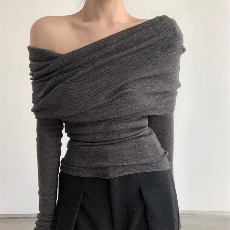 2026 Autumn Women Long Sleeve Knitted Top Gray One Shoulder Sexy Woman Sweater Winter Slim Solid Pullover Knitwear