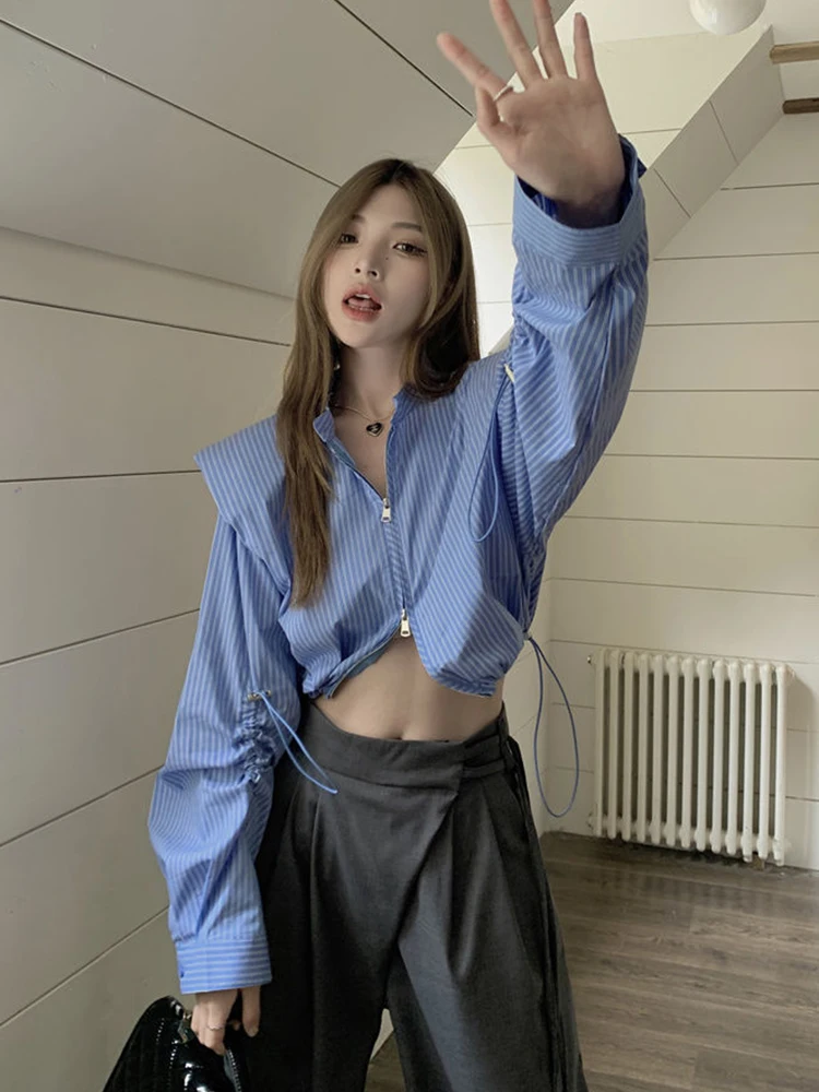 Zoki Sexy Cropped Striped Shirt Women Streetwear Long Sleeve Retro Blouse Korean Double Zipper Patchwork Design Female Short Top