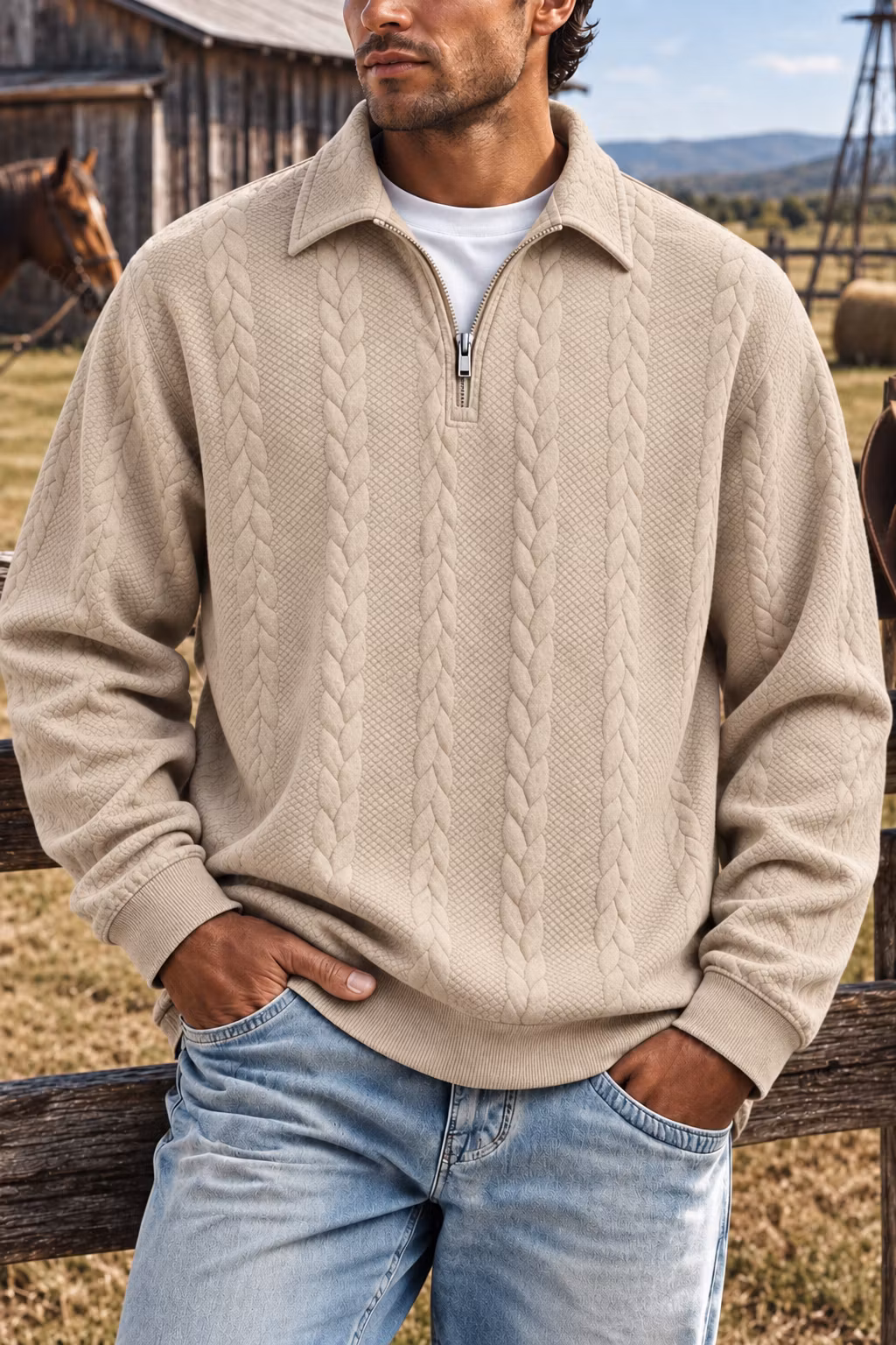 Men's Fall Winter Outfits Knitted Polo Neck Long Sleeve Sweatshirt for Daliy Wear Old Money Zipper Half Button Design