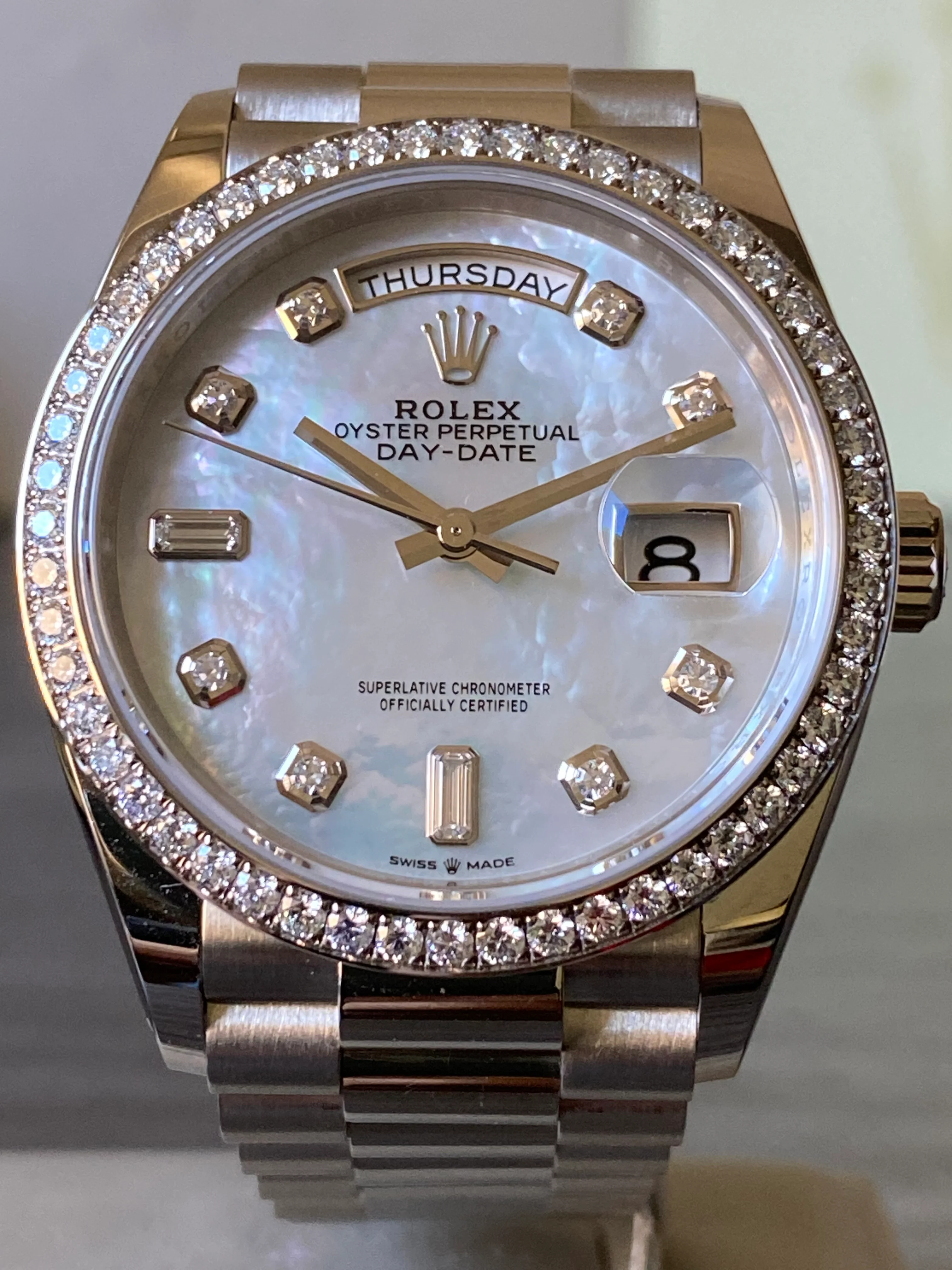 Rolex White Gold Day-Date 36 - 2023 - Diamond Bezel - Mother-of-Pearl Diamond Dial - President Bracelet - 128349RBR