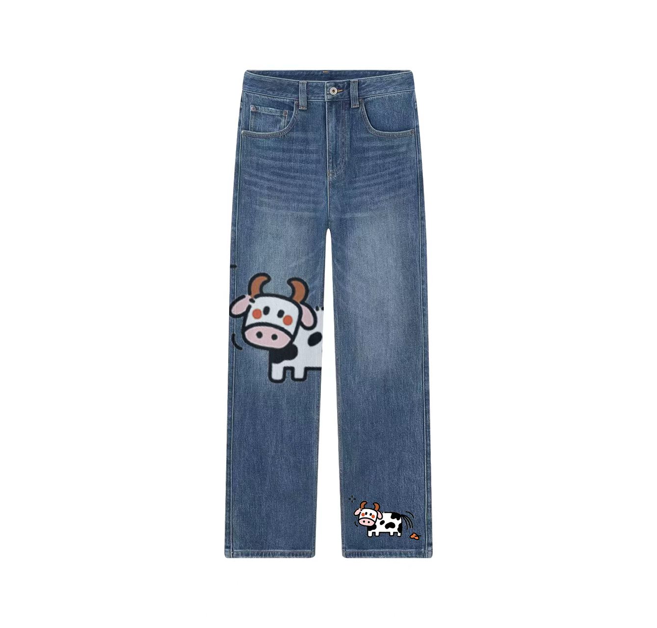 A pair of jeans with a cow print—a wardrobe essential.