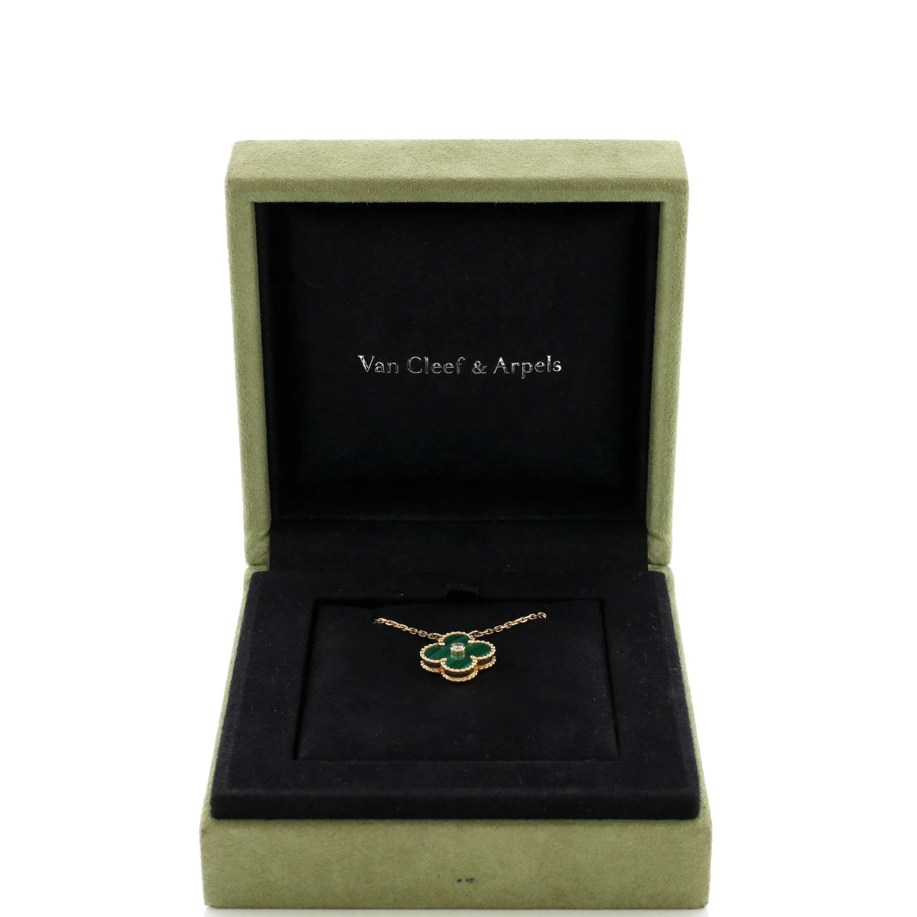 Vintage Alhambra Pendant Necklace 18K Yellow Gold and Malachite with Diamond