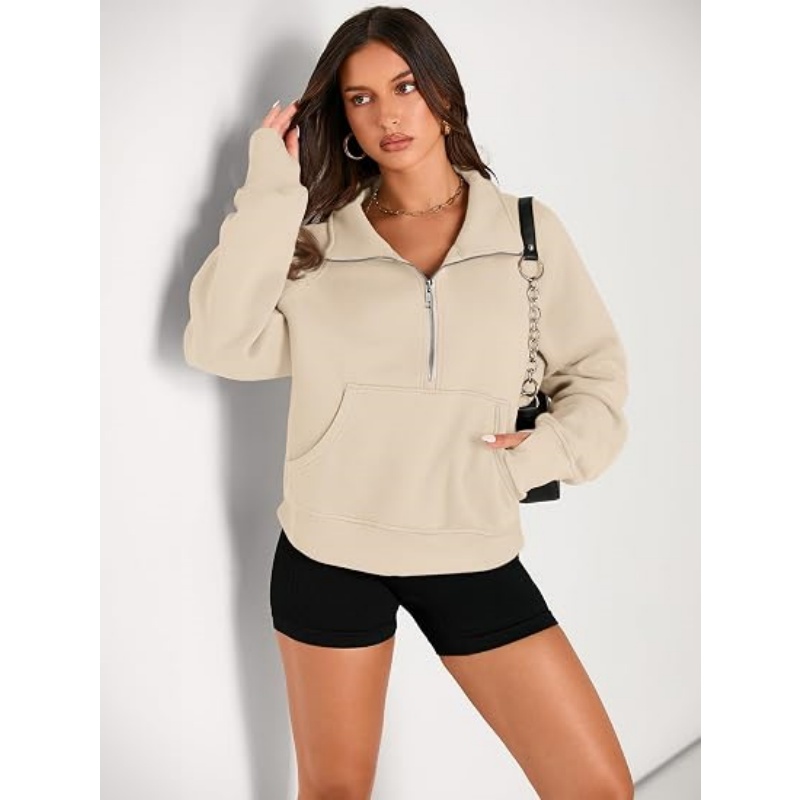 Women's Half Zip Cropped Sweatshirt, Fleece Quarter Zipper Pullover