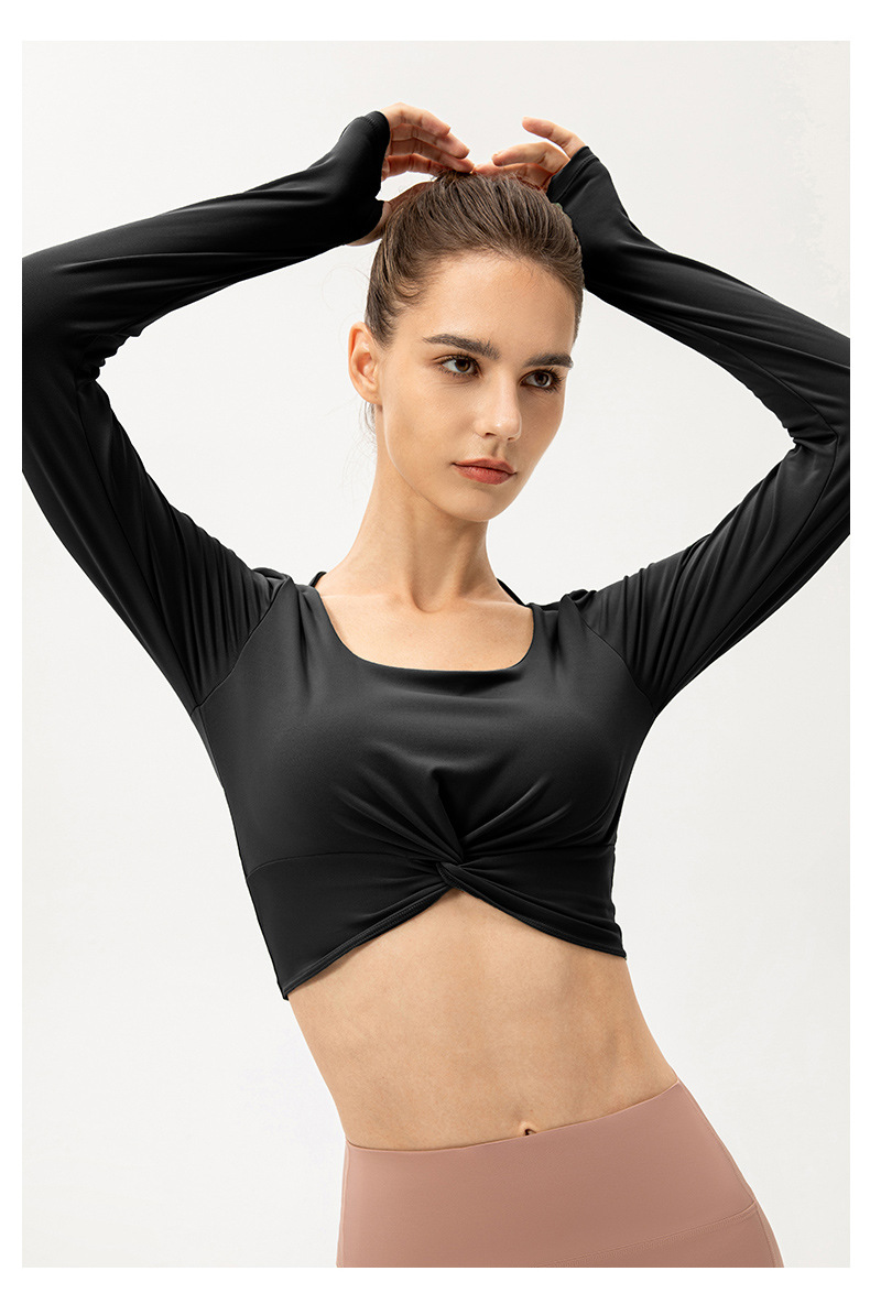 Autumn Women's Nude Yoga Top, Long Sleeves with Integrated Bra Pads, Square Neck, High Waist, Tight Fit