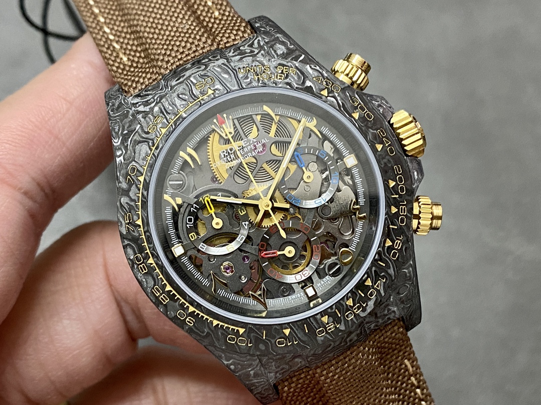 Rolex Daytona Cosmograph DIW Carbon Case Skeleton Dial Brwon Nylon Strap