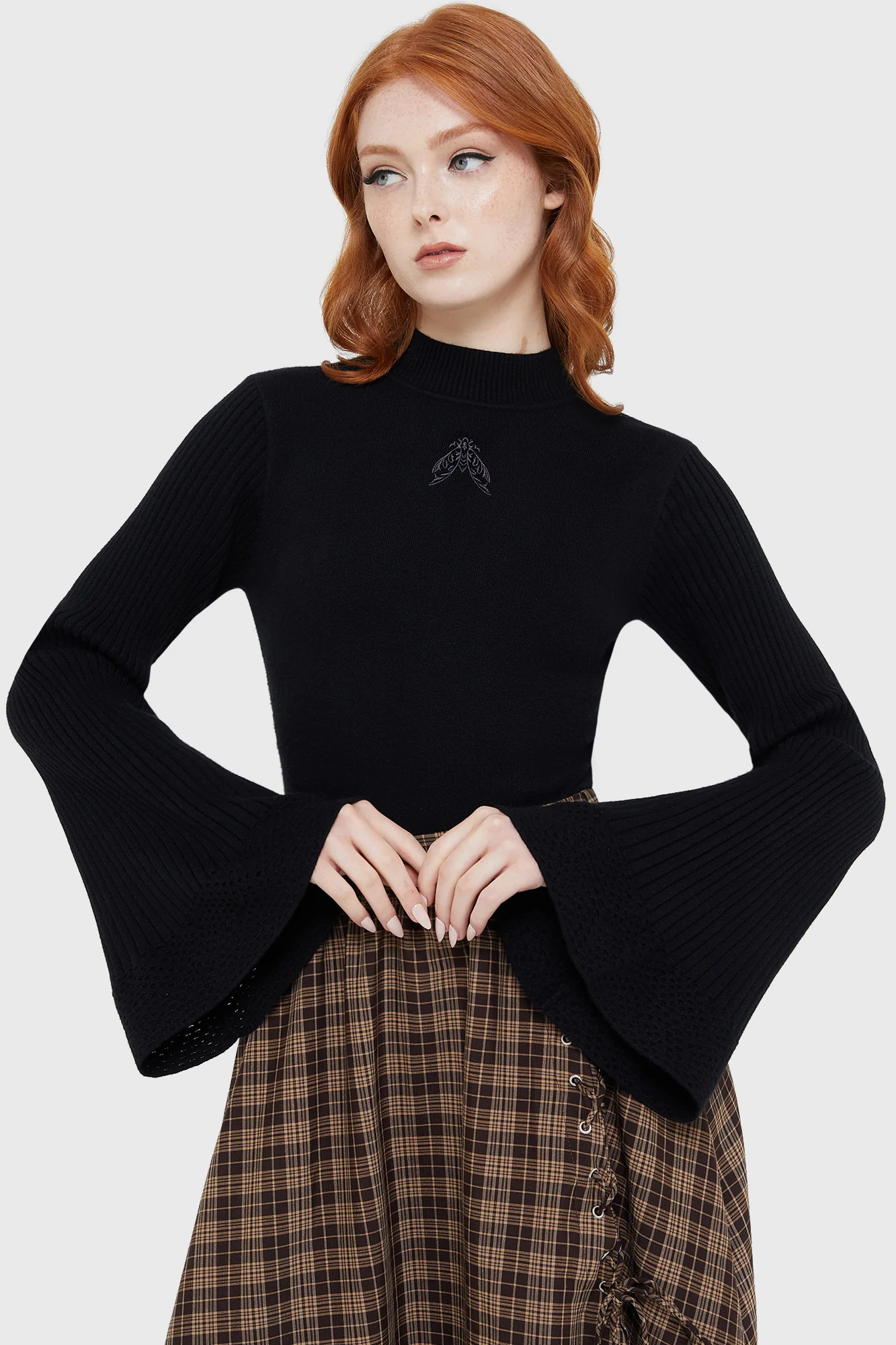 Moth Embroidery Gothic Knit Long‑Sleeve Sweater Top