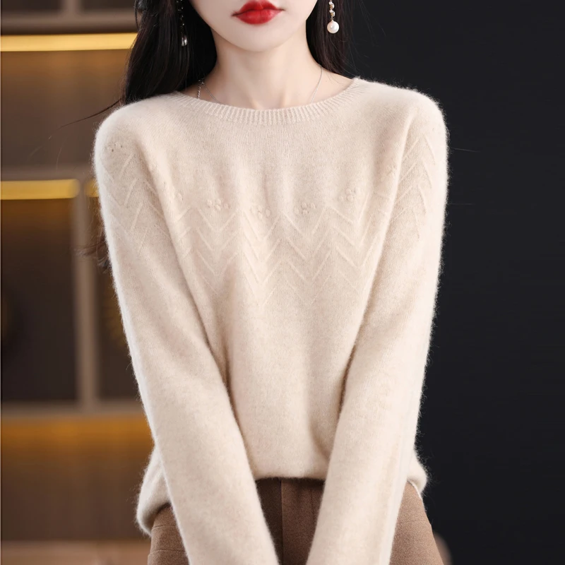 Autumn Winter Pure Wool Monogram Sweater Women First Line Seamless O-neck Pullover Basis Casual Cashmere Knitting Top