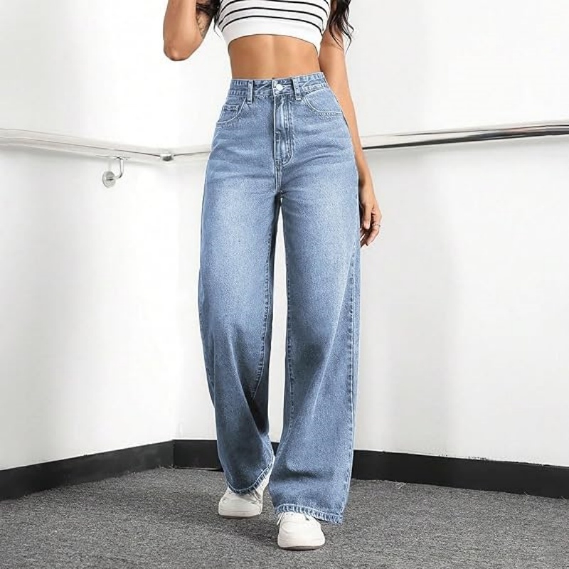 Women's High Waisted Stretchy Straight Leg Jeans, Loose Baggy Boyfriend Wide Leg Denim Pants