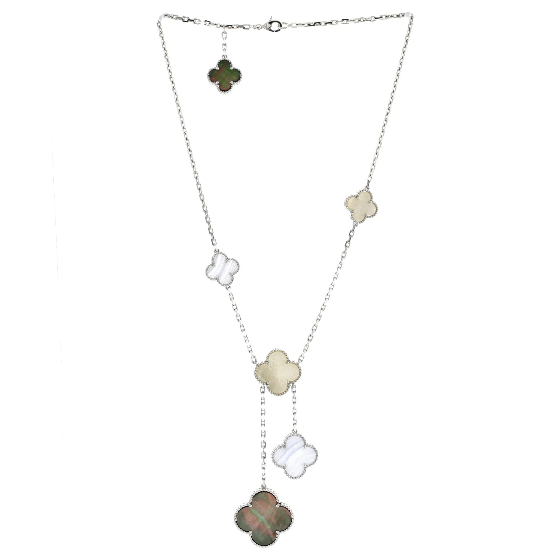 Magic Alhambra 6 Motifs Necklace 18K White Gold with Mother of Pearl and Chalcedony