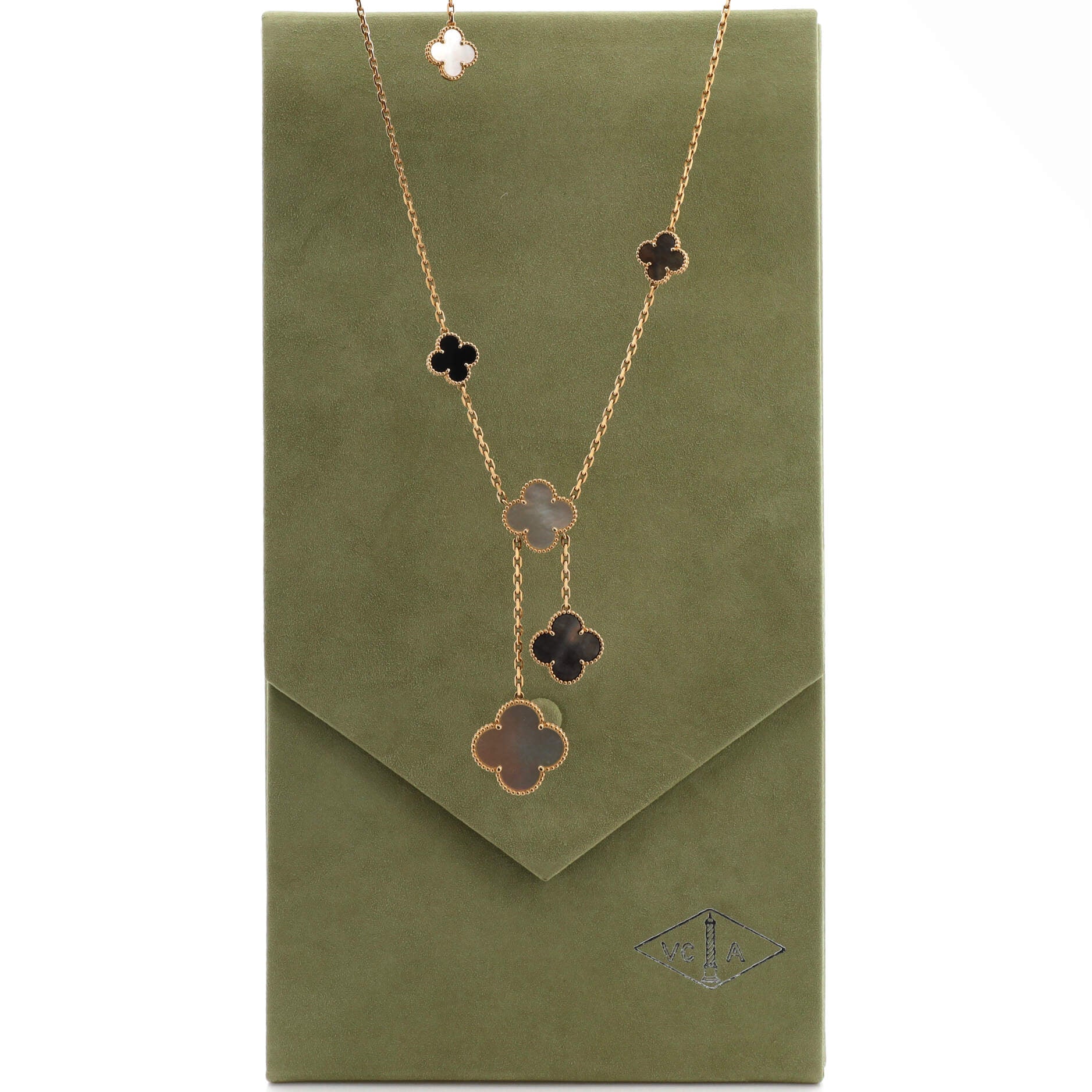 Magic Alhambra 6 Motifs Necklace 18K Yellow Gold and Mother of Pearl with Onyx
