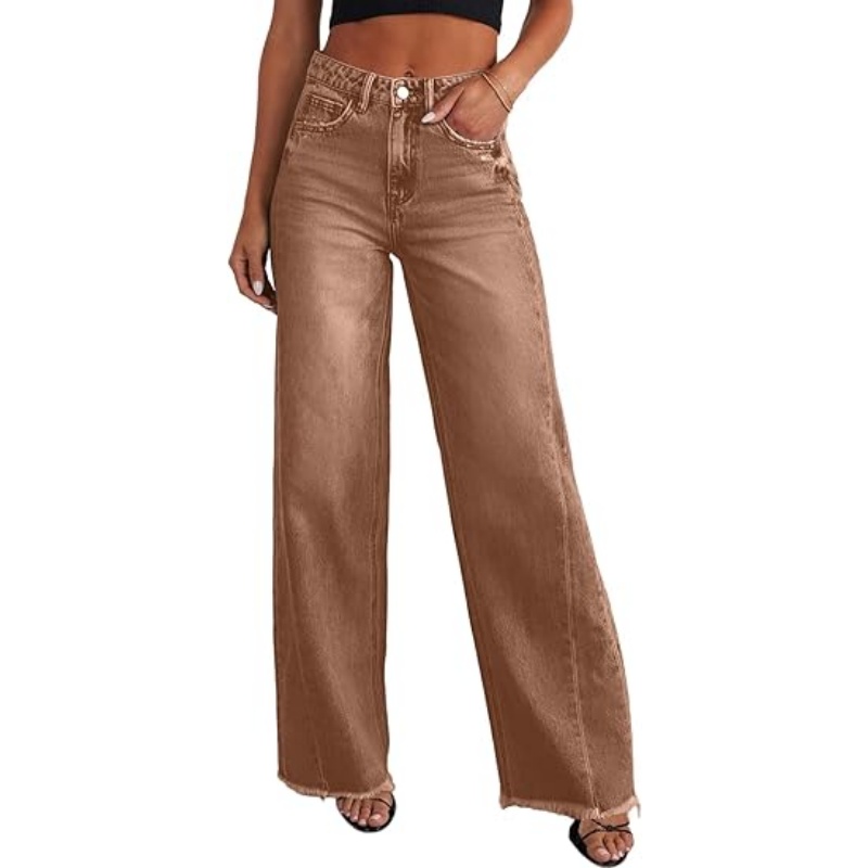 Women's High Waisted Stretchy Wide Leg Jeans, Raw Hem Denim Pants