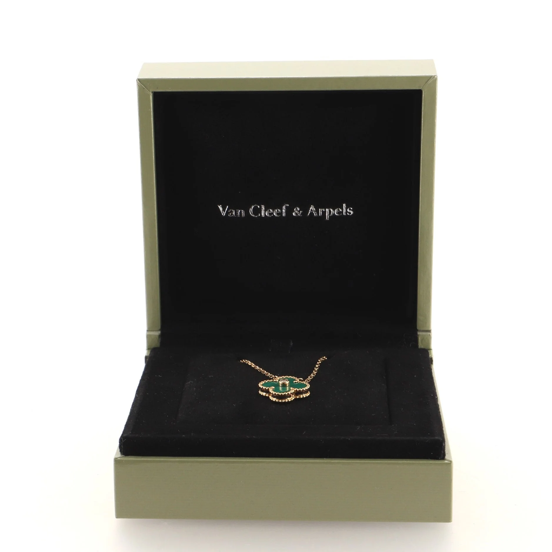 Vintage Alhambra Pendant Necklace 18K Yellow Gold and Malachite with Diamond